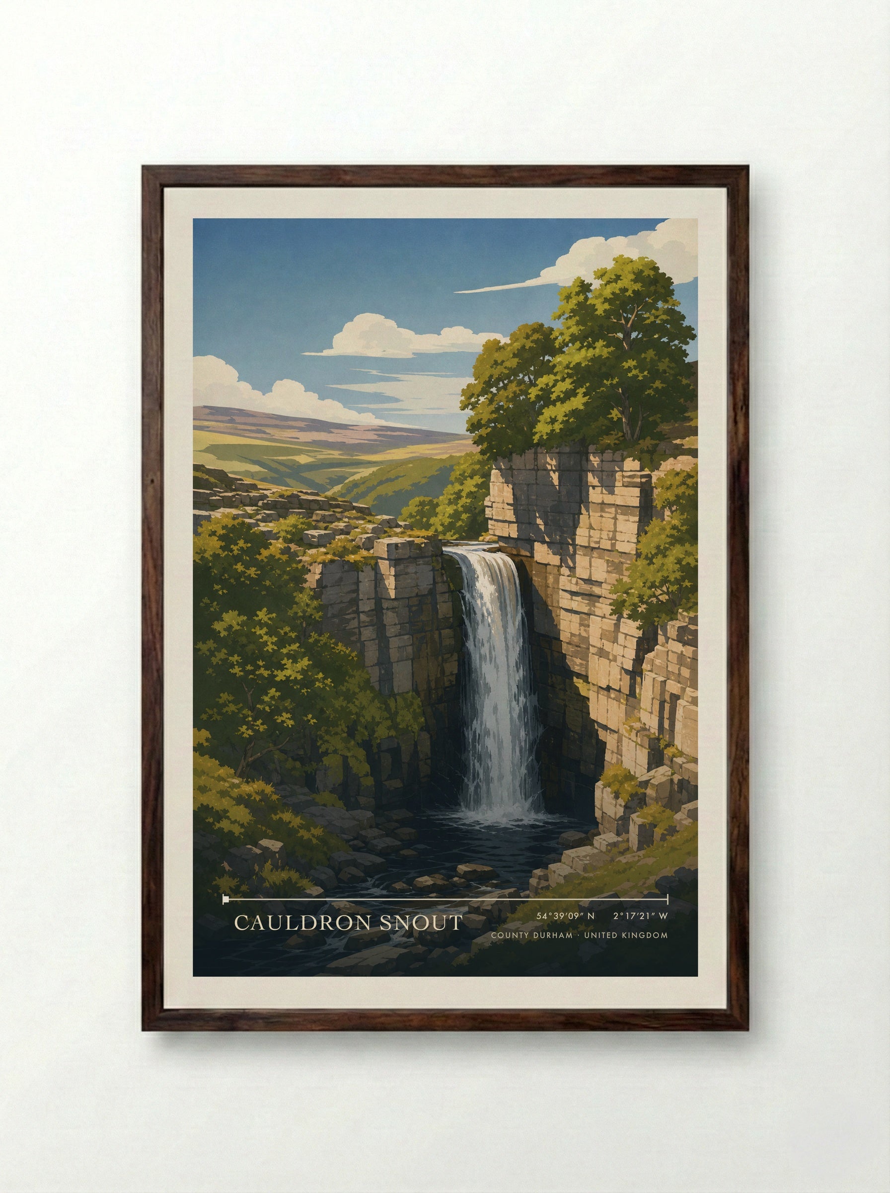 Cauldron Snout County Durham United Kingdom Travel Poster - Framed Print Dark Wood