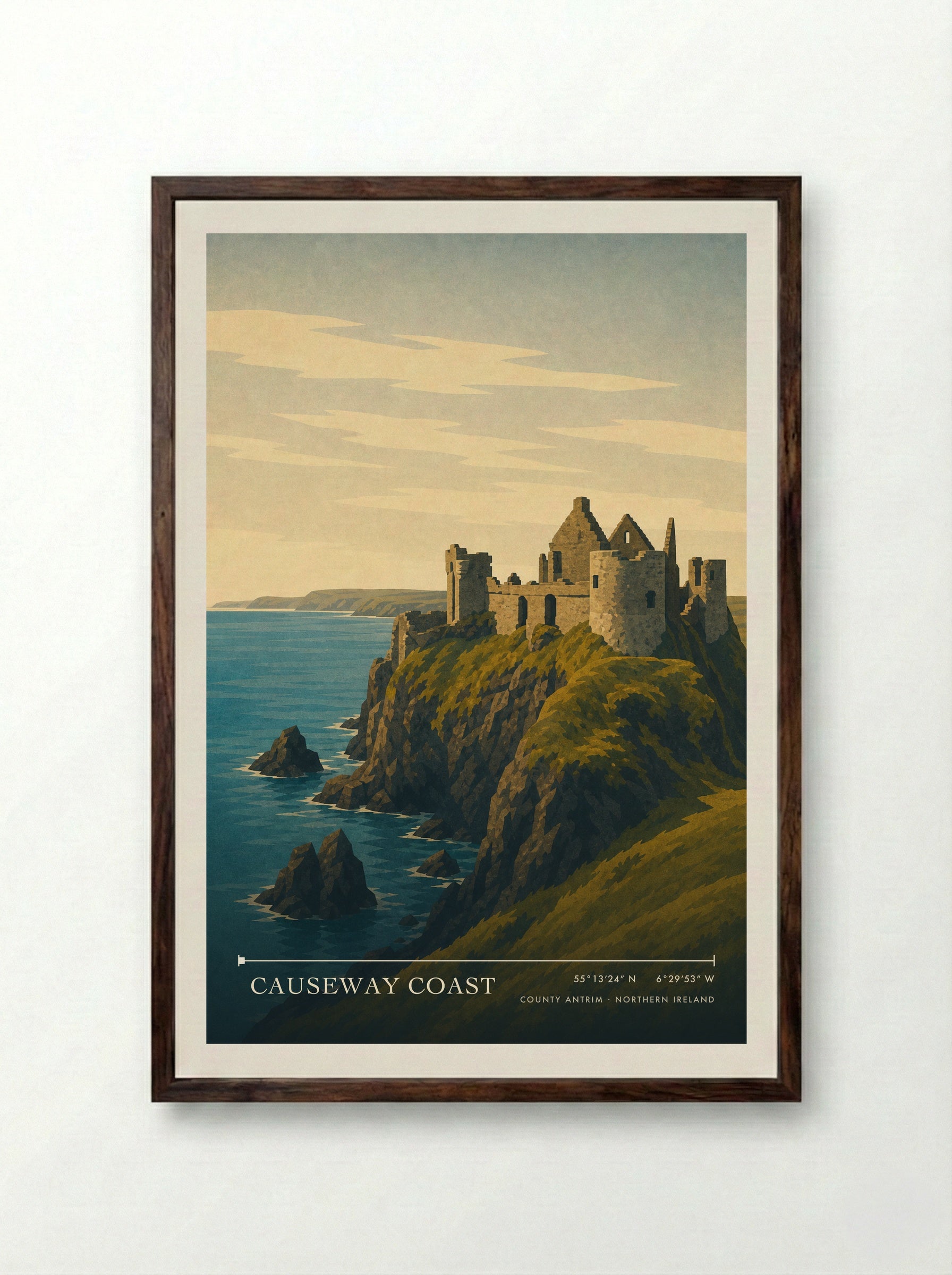 Causeway Coast Travel Poster Artwork - Framed Print Dark Wood