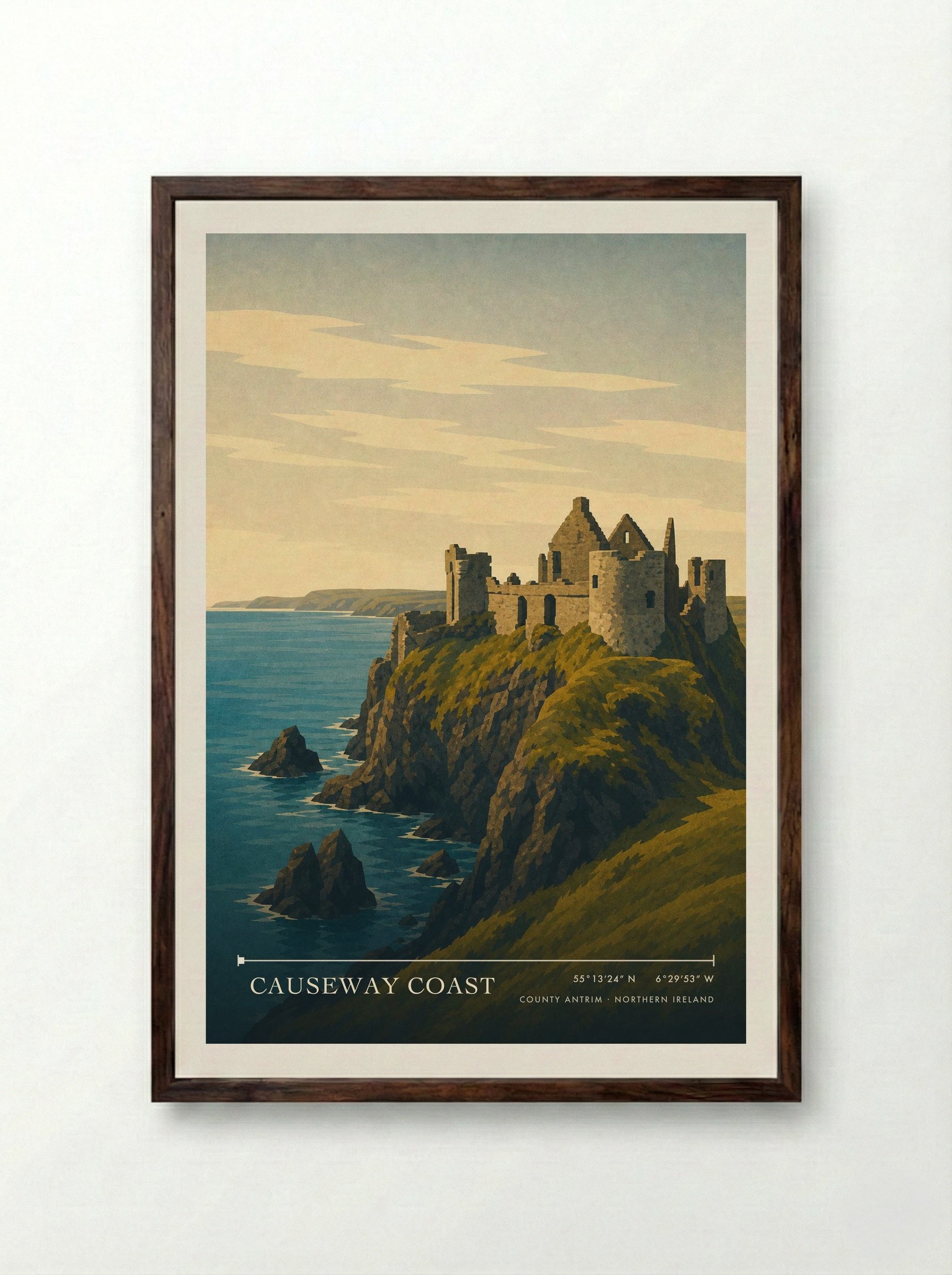 Causeway Coast Travel Poster Artwork - Framed Print Dark Wood