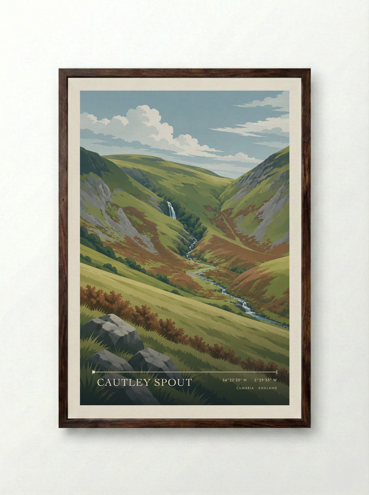 Cautley Spout, Cumbria | Travel Poster - Framed Print Dark Wood