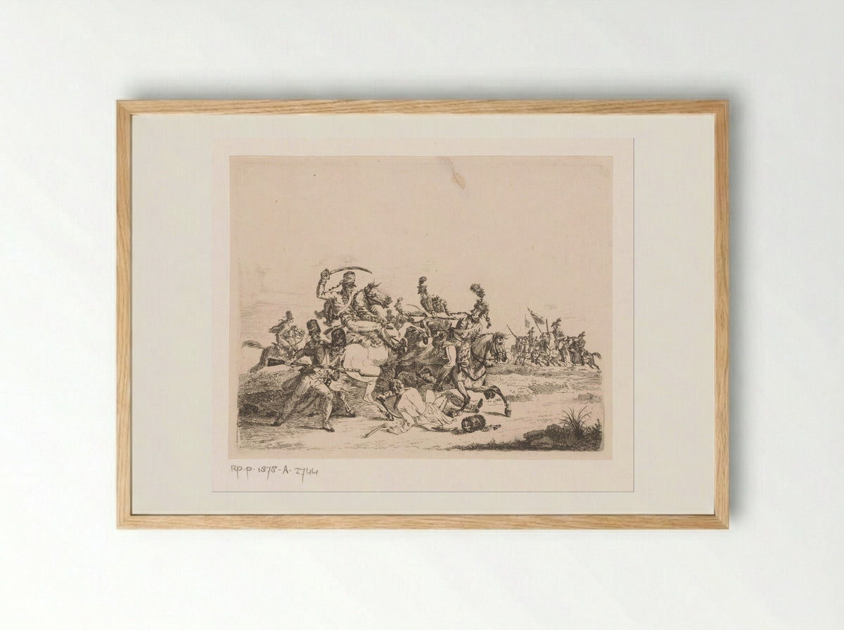 Cavalerie en infanterie in gevecht - Pierre Jean Baptiste Leroy - Framed Print Wood