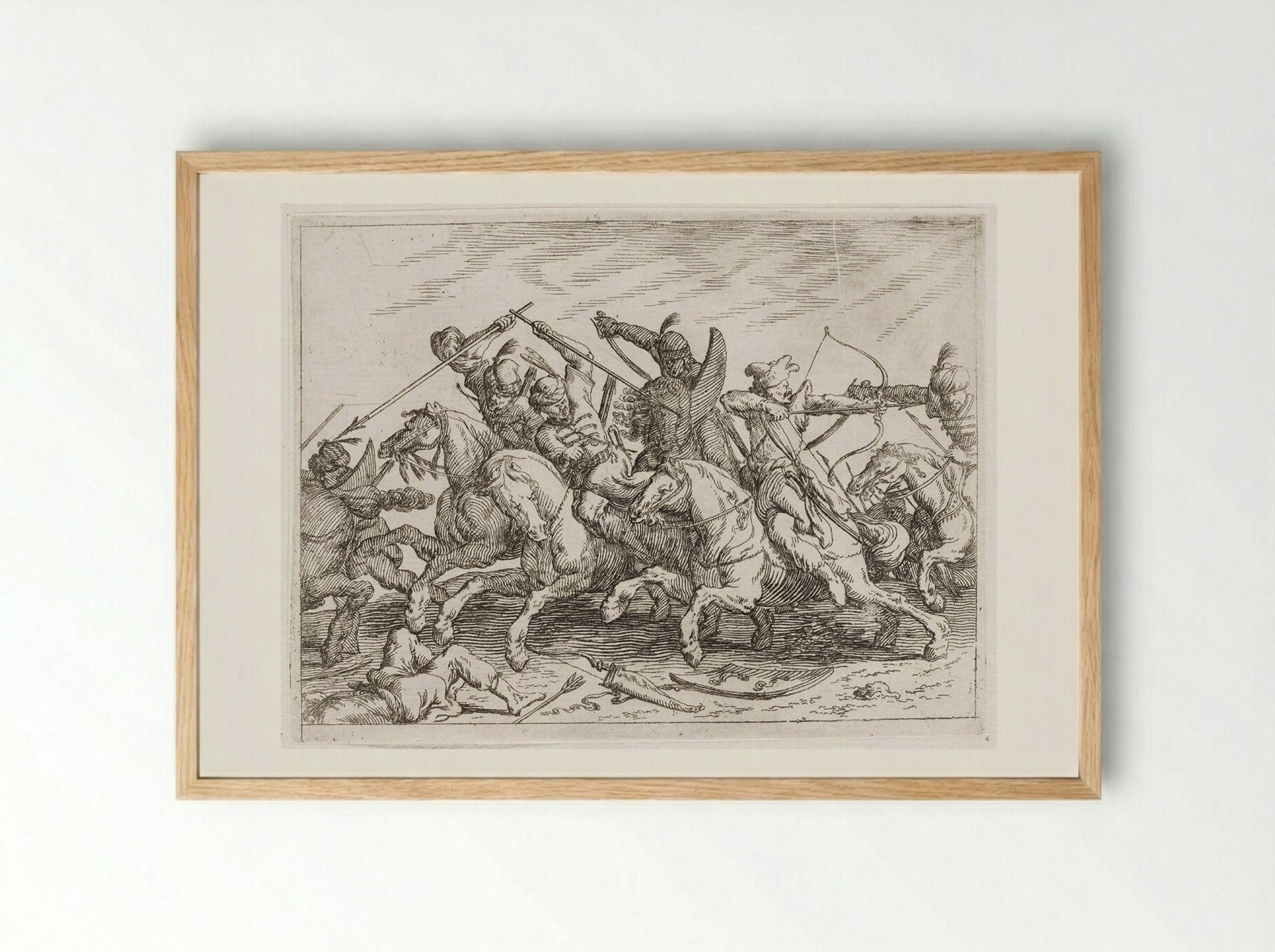 Cavalrymen Battling with Lances, Sabers, and Bow and Arrow - Johann Wilhelm Baur - Framed Print Wood