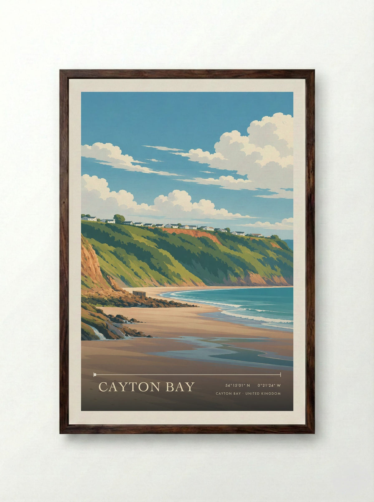 Cayton Bay | Travel Poster - Framed Print Dark Wood