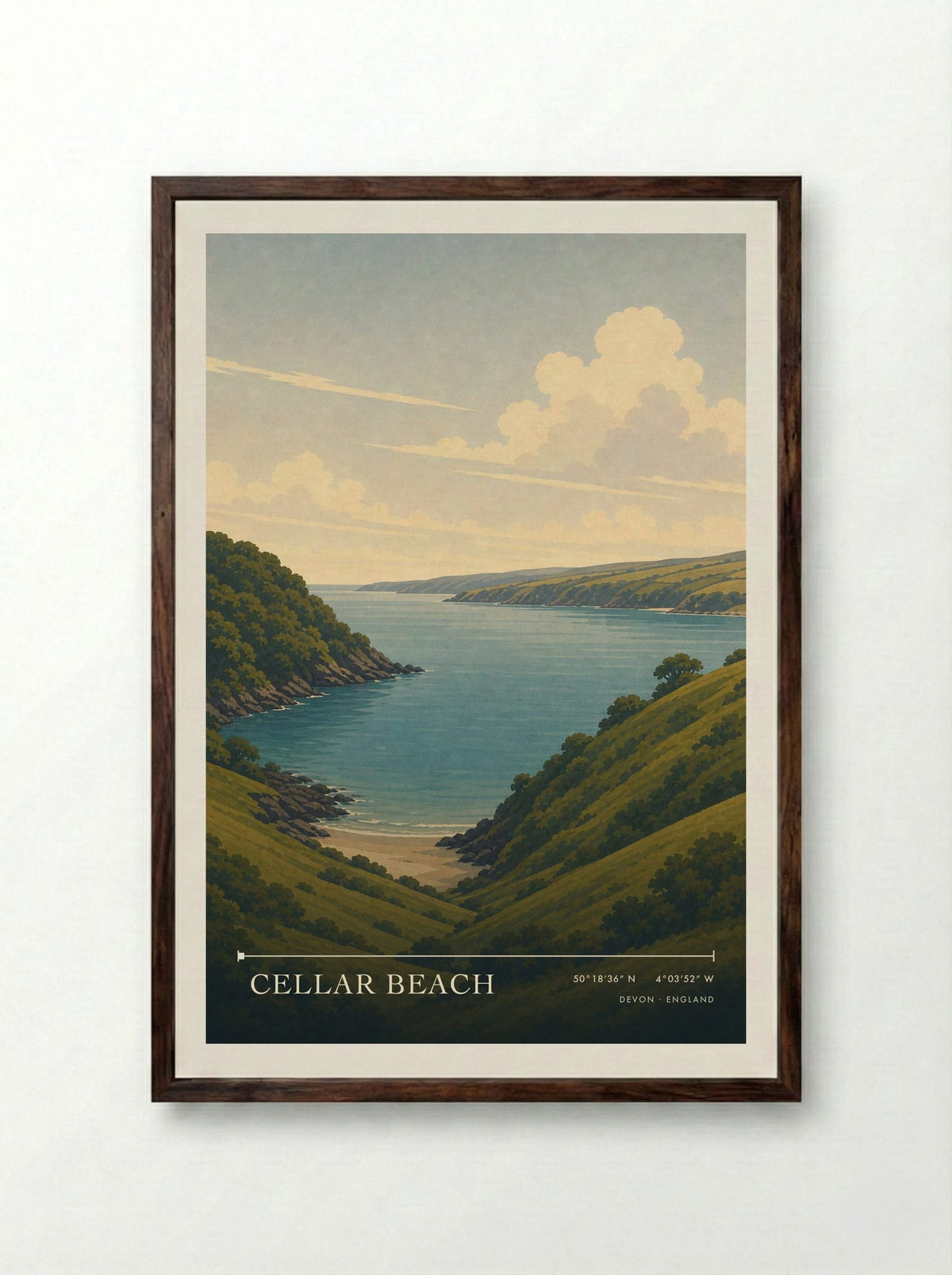 Cellar Beach Devon England Travel Poster - Framed Print Dark Wood