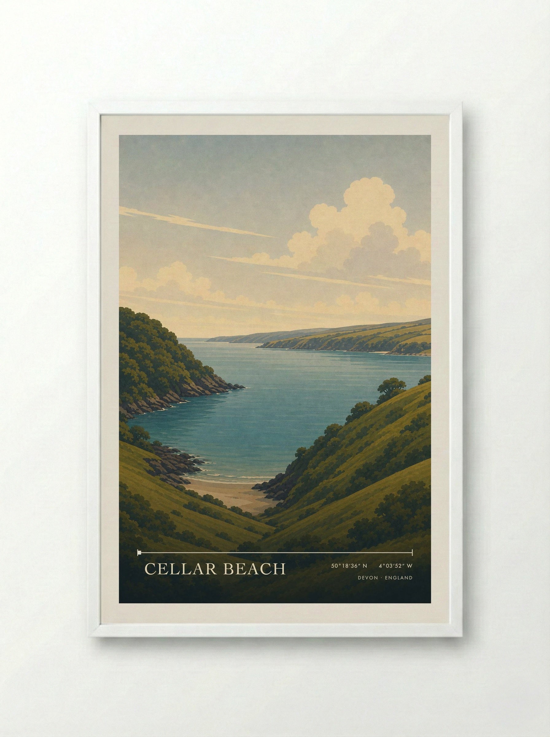 Cellar Beach Devon England Travel Poster - Framed Print White
