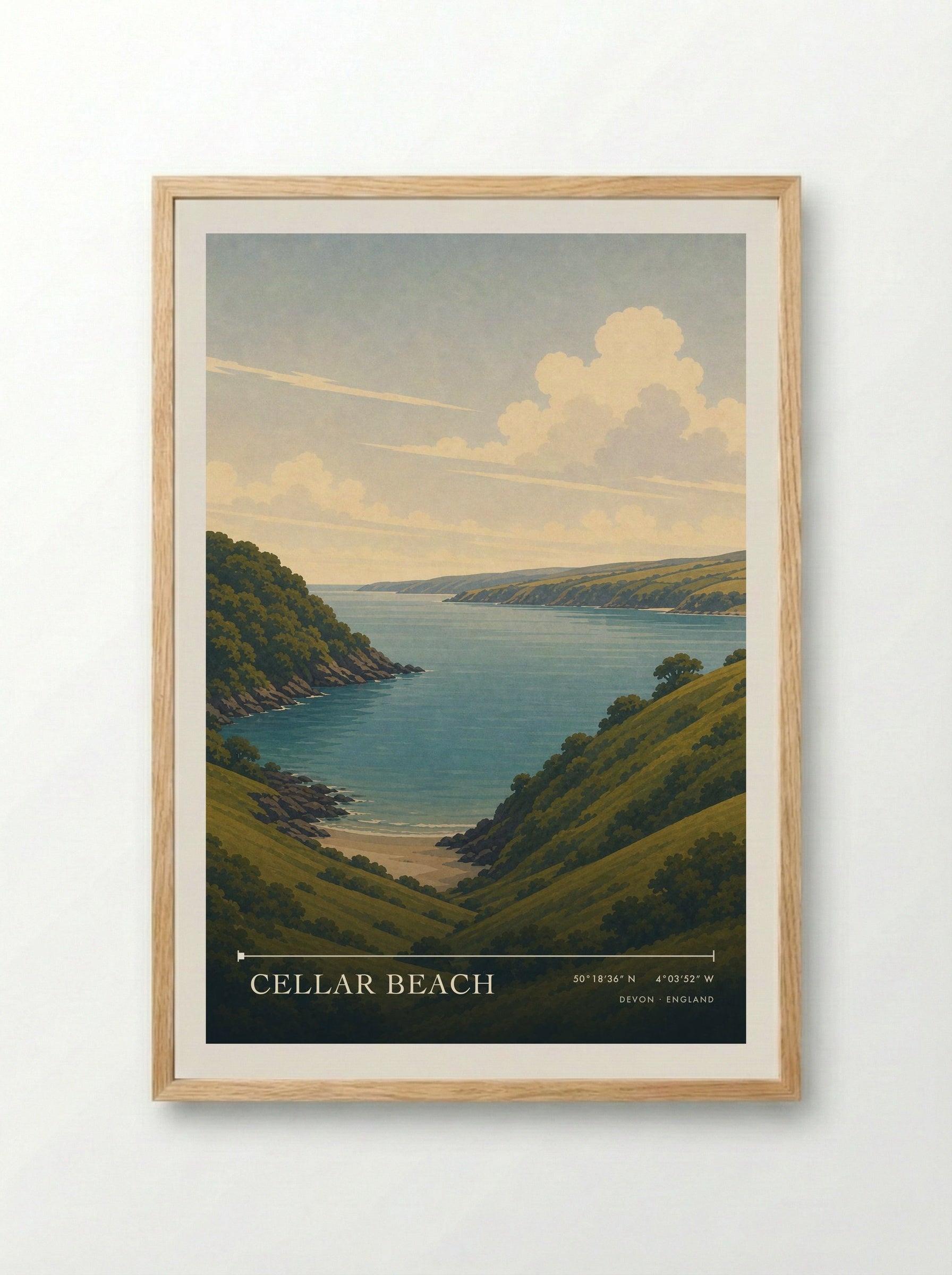Cellar Beach Devon England Travel Poster - Framed Print Wood