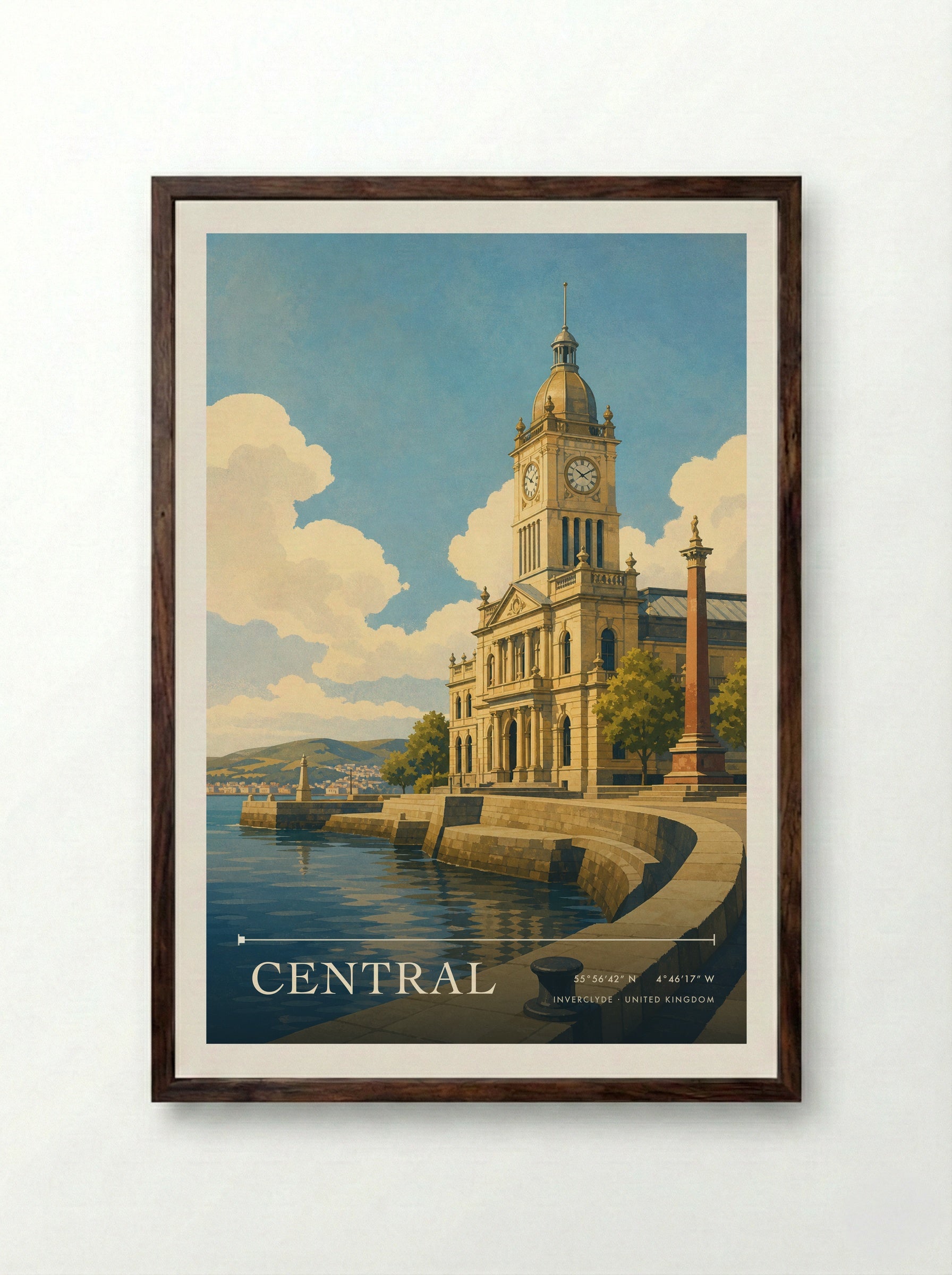 Central Inverclyde United Kingdom Travel Poster - Framed Print Dark Wood