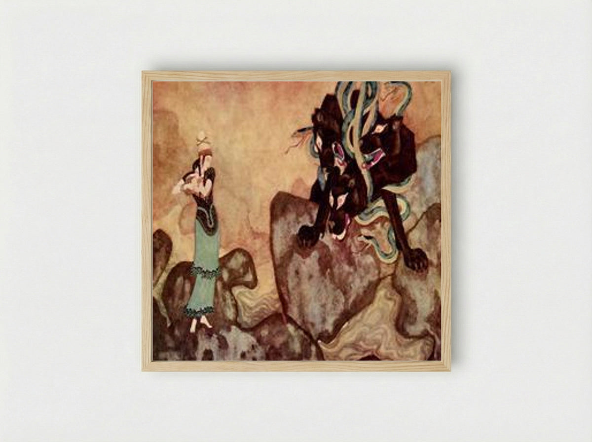 Cerberus, the Black Dog of Hades - Edmund Dulac - Framed Print Wood