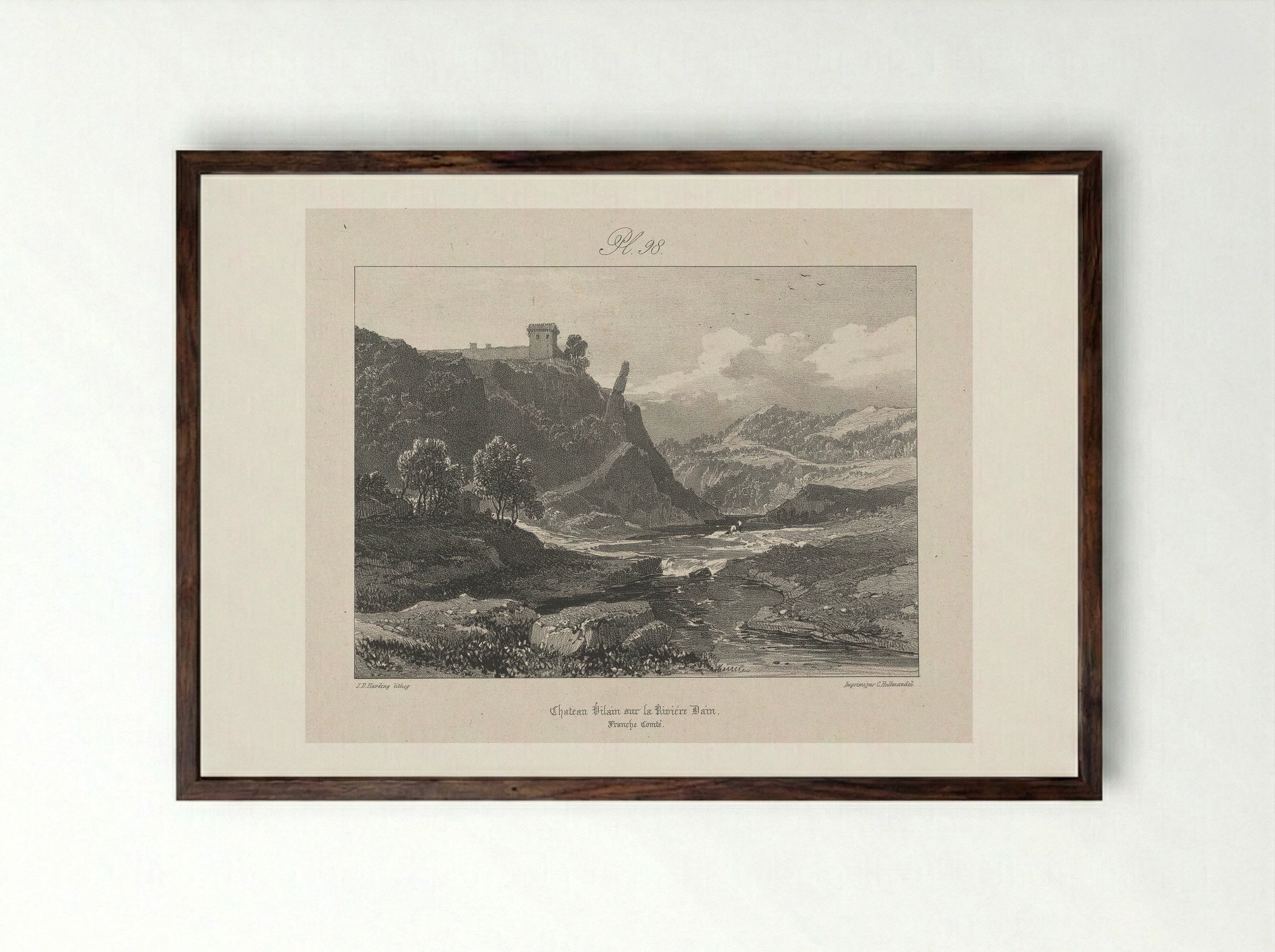 Château Vilain sur la rivière Dain - James Duffield Harding - Framed Print Dark Wood