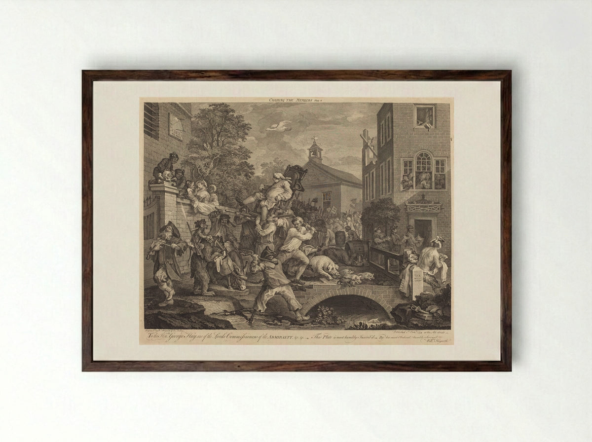 Chairing the Members - William Hogarth - Framed Print Dark Wood