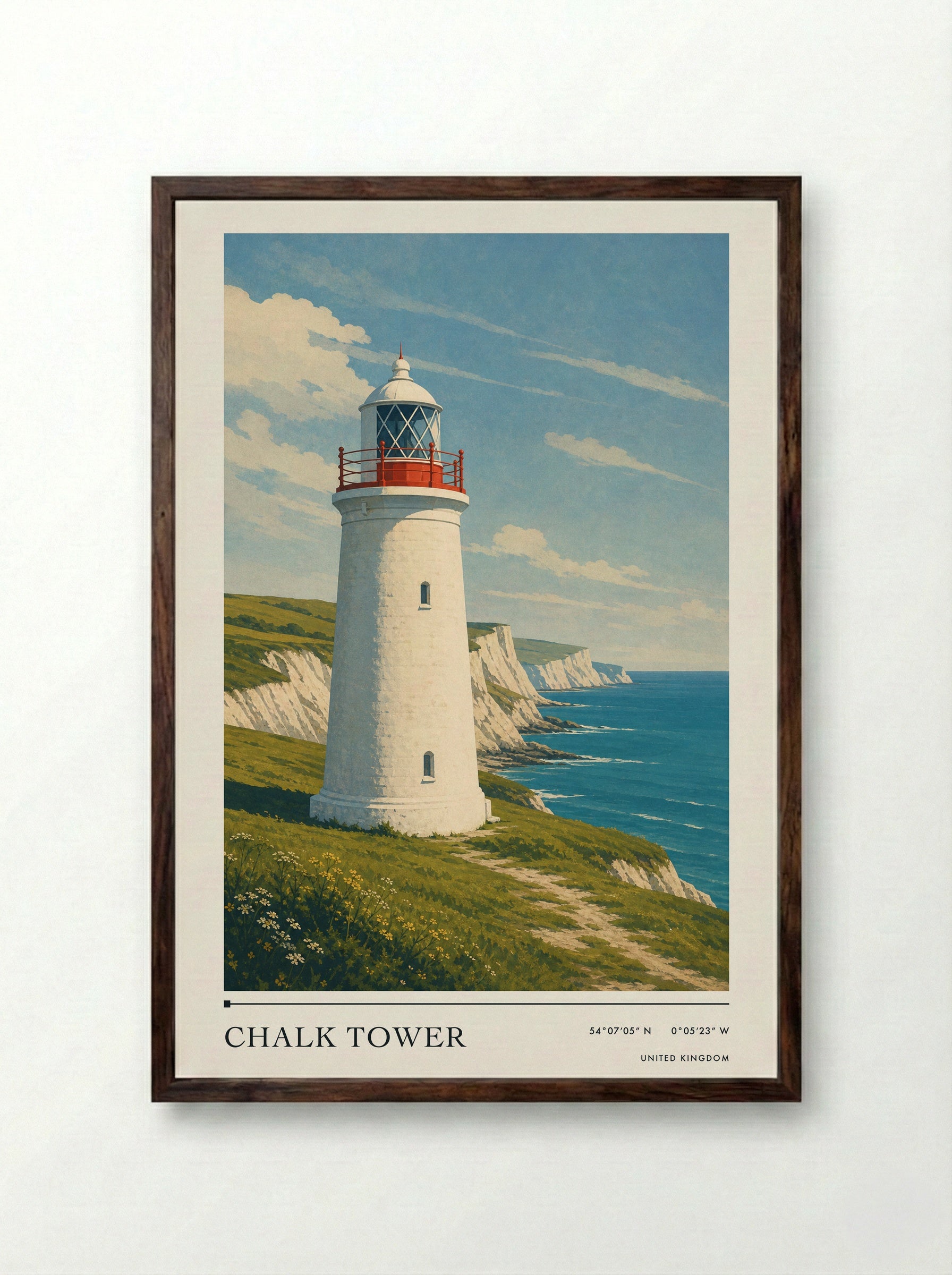 Chalk Tower United Kingdom Travel Poster - Framed Print Dark Wood