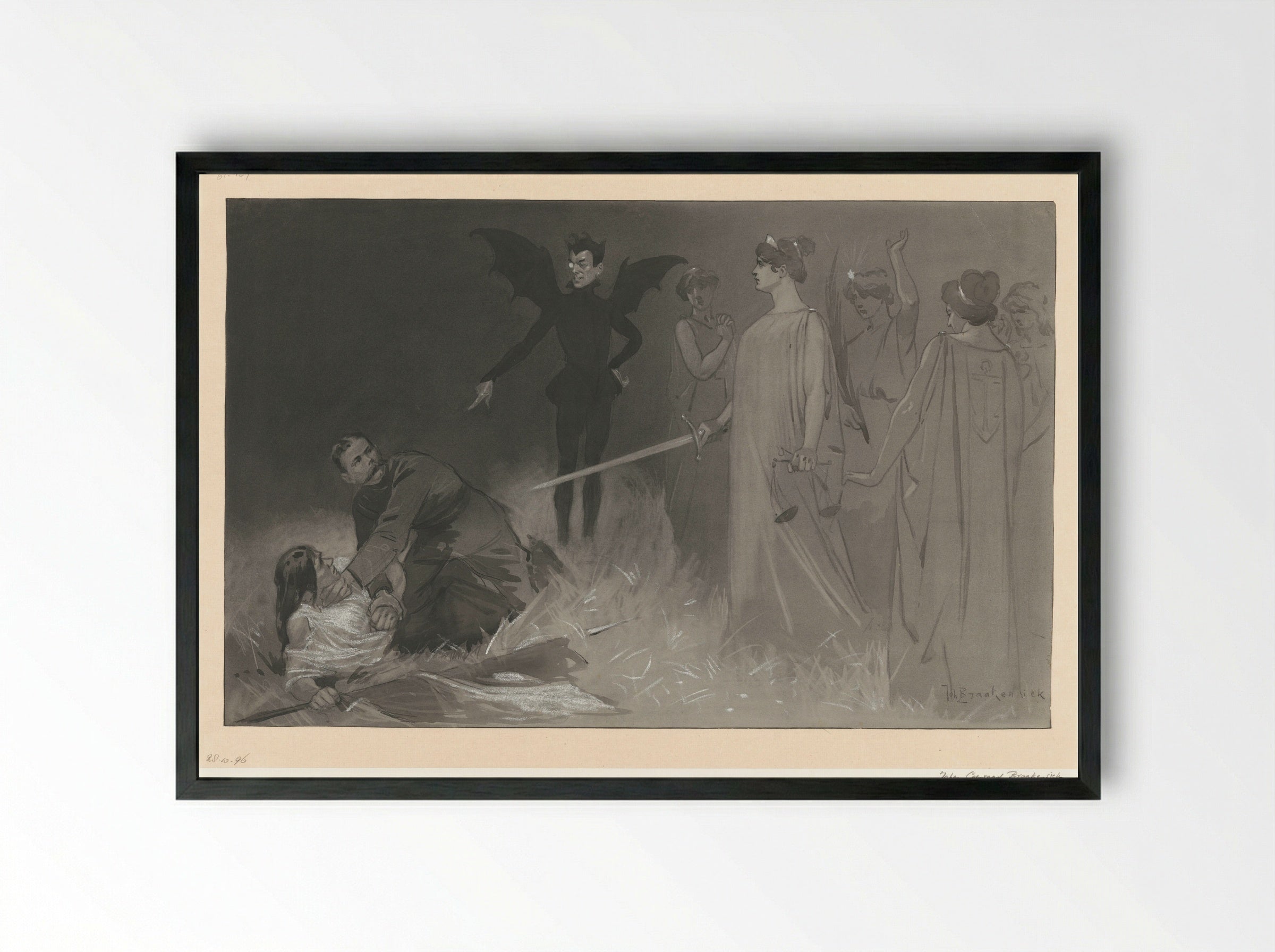 Chamberlain, als de duivel, en Kitchener in een politieke allegorie op de oorlog in Transvaal - Johan Braakensiek - Framed Print Black