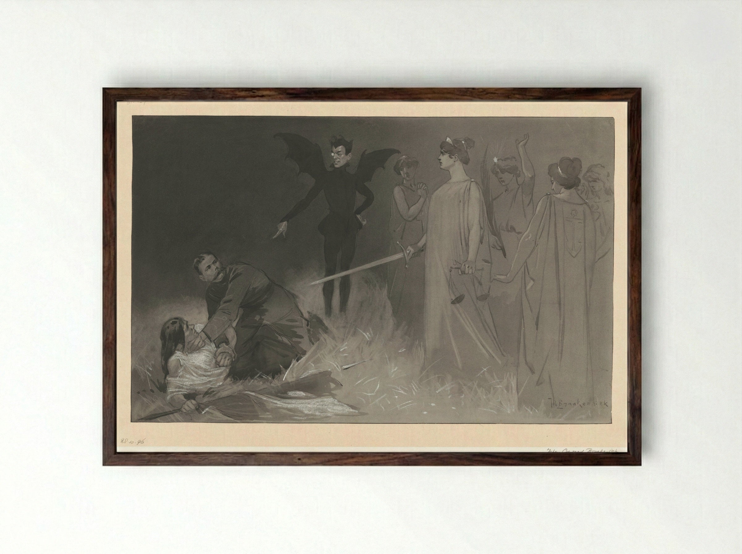 Chamberlain, als de duivel, en Kitchener in een politieke allegorie op de oorlog in Transvaal - Johan Braakensiek - Framed Print Dark Wood