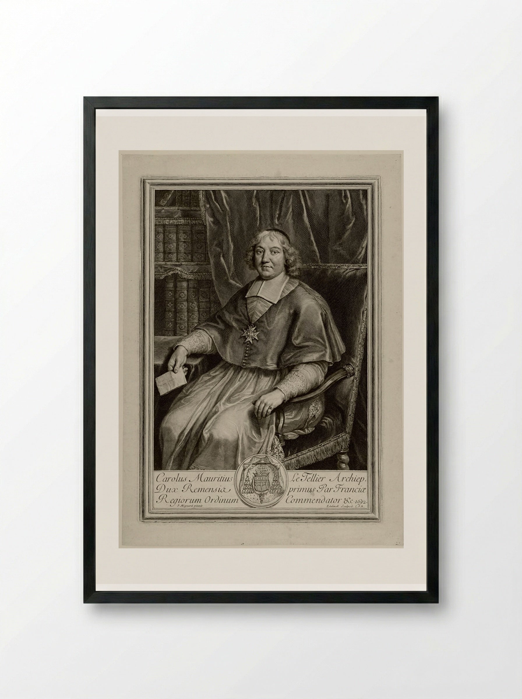 Charles Maurice Le Tellier, Archbishop, Duke of Reims - Gérard Edelinck - Framed Print Black
