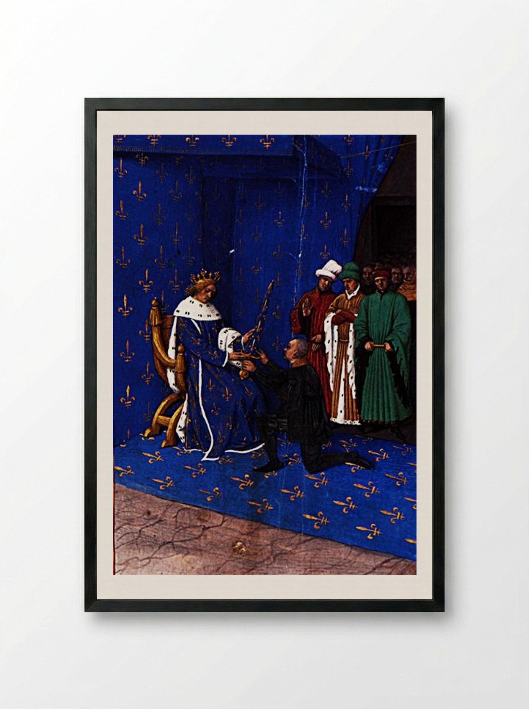 Charles V gives the sword of constable to Bertrand du Guesclin - Jean Fouquet - Framed Print Black