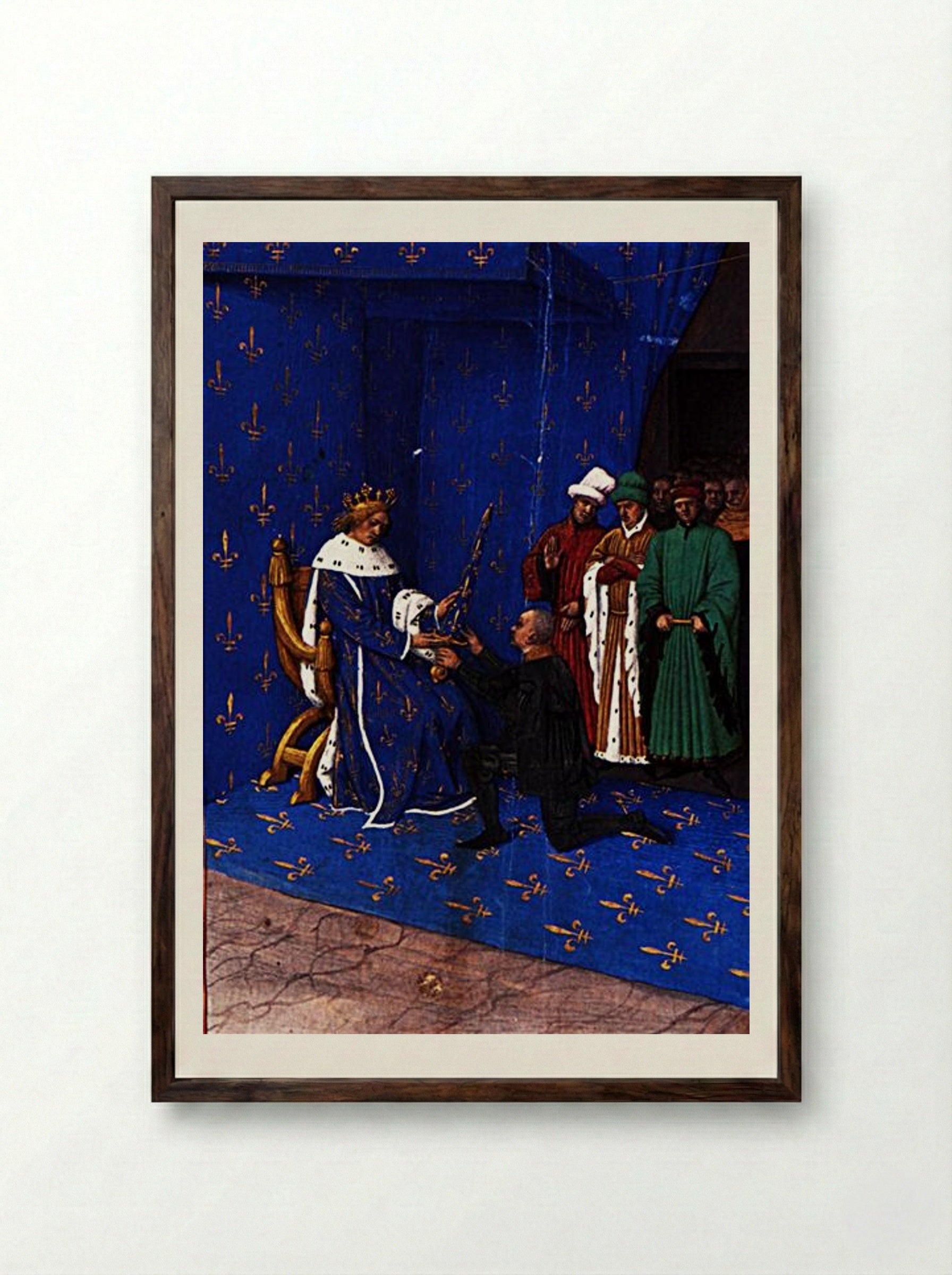 Charles V gives the sword of constable to Bertrand du Guesclin - Jean Fouquet - Framed Print Dark Wood