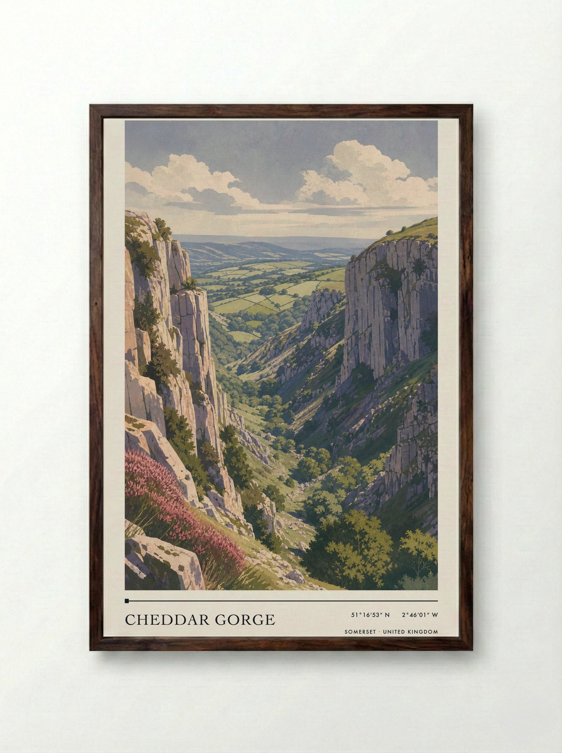 Cheddar Gorge Somerset United Kingdom Travel Poster - Framed Print Dark Wood