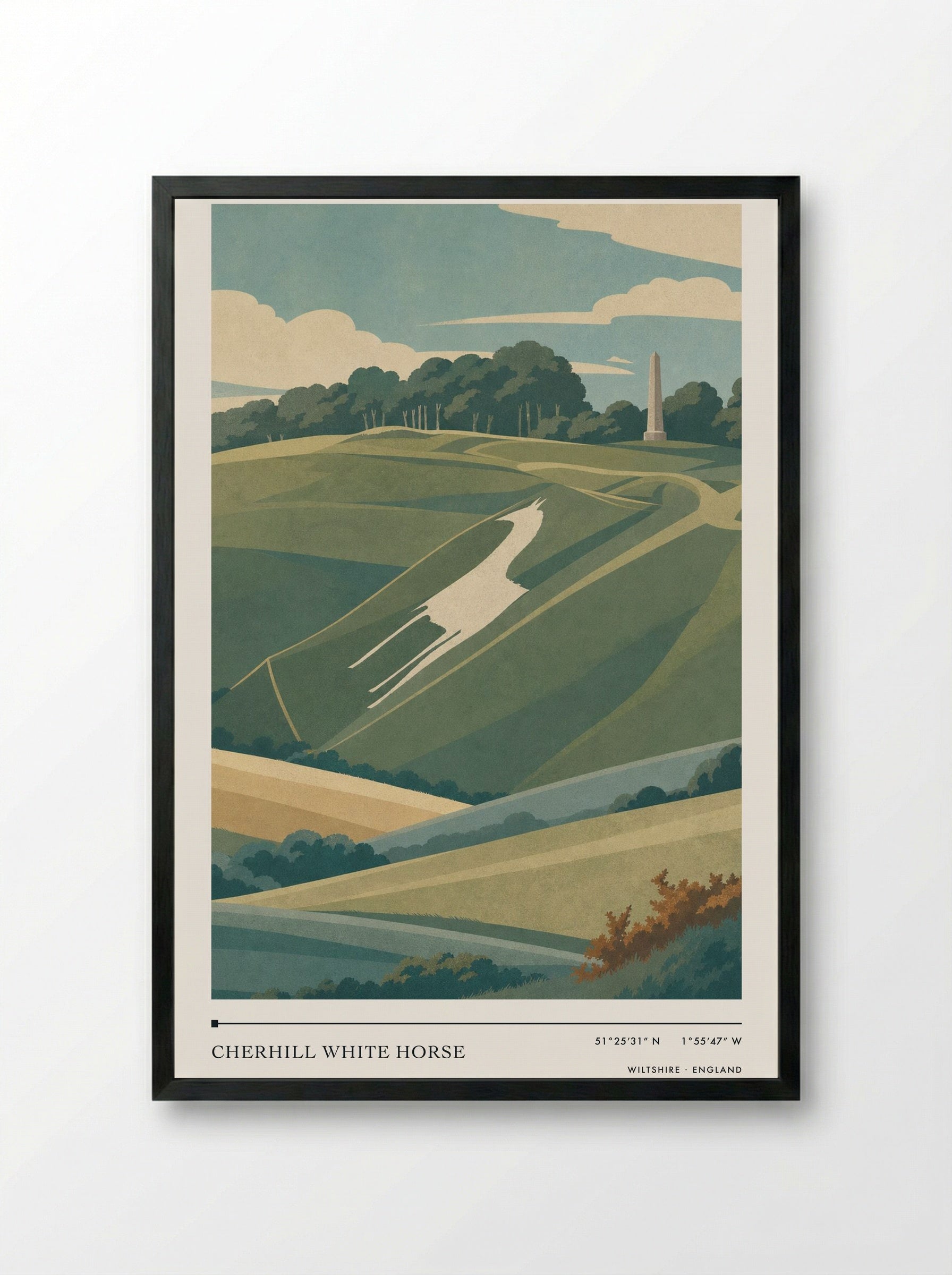 Cherhill White Horse Wiltshire England Travel Poster - Framed Print Black