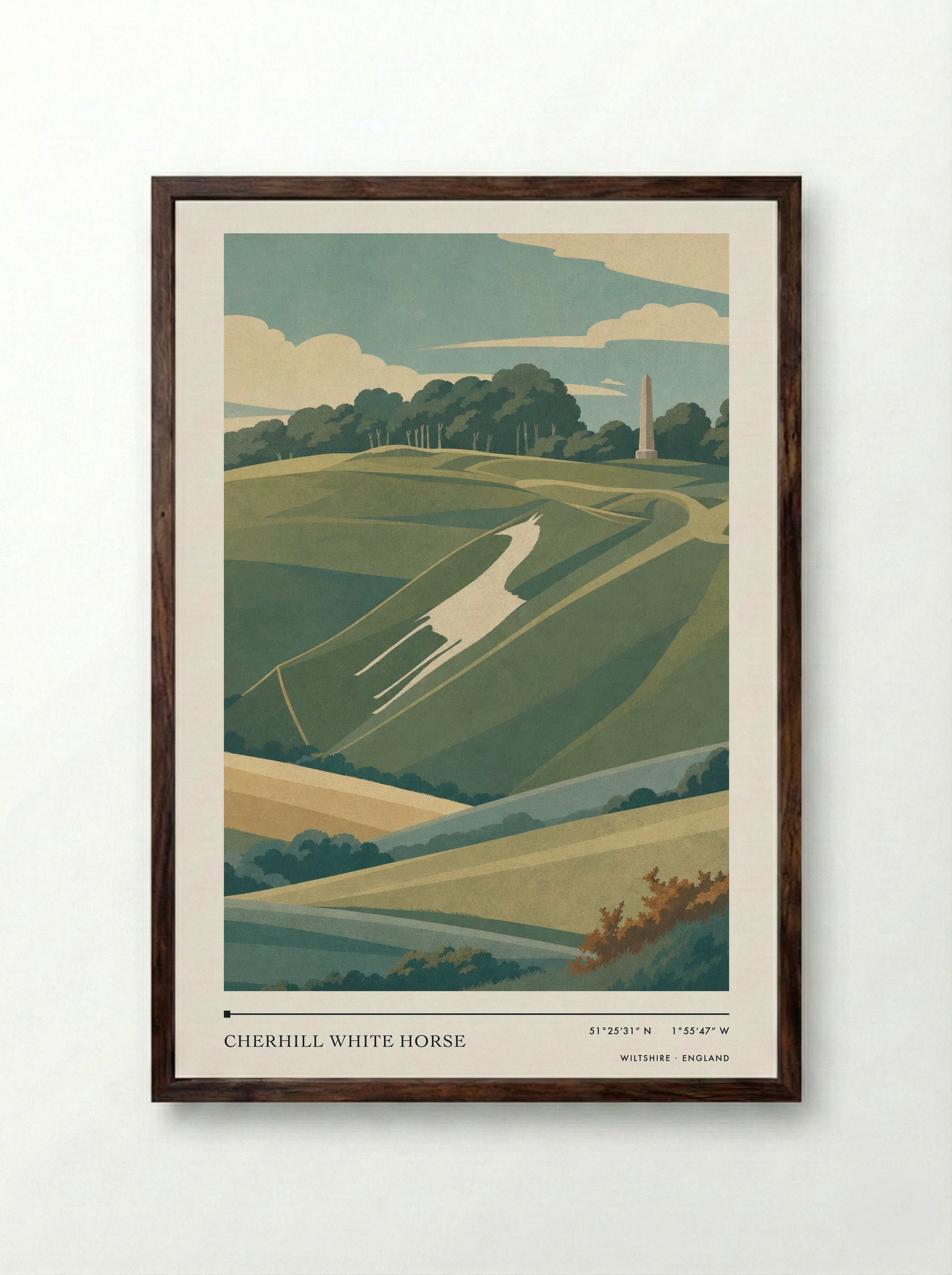 Cherhill White Horse Wiltshire England Travel Poster - Framed Print Dark Wood