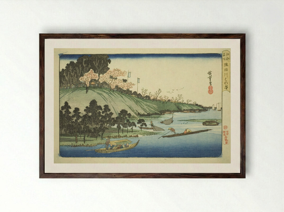 Cherry Blossoms in Full Bloom along the Sumida River - Utagawa Hiroshige - Framed Print Dark Wood