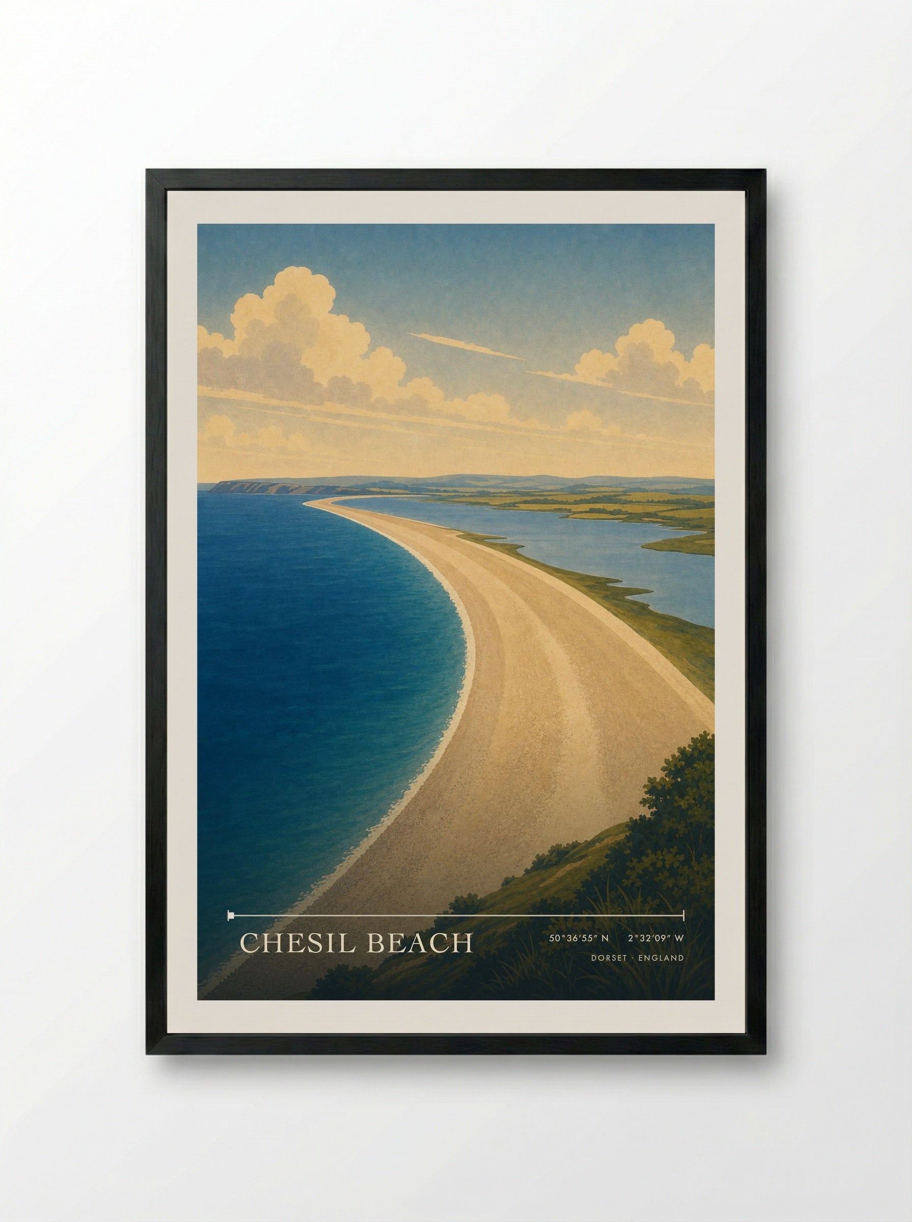 Chesil Beach Dorset England Travel Poster - Framed Print Black