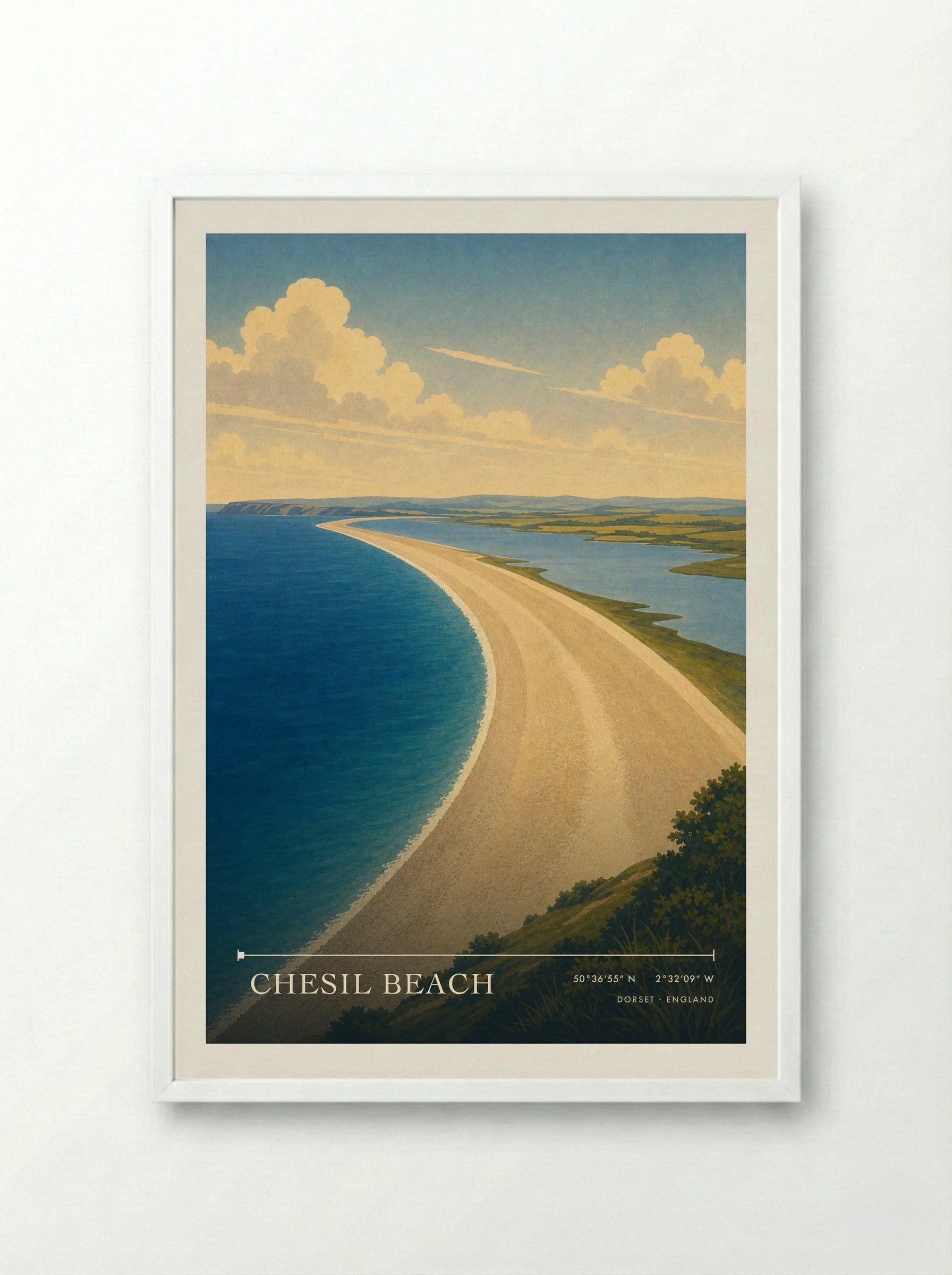 Chesil Beach Dorset England Travel Poster - Framed Print White