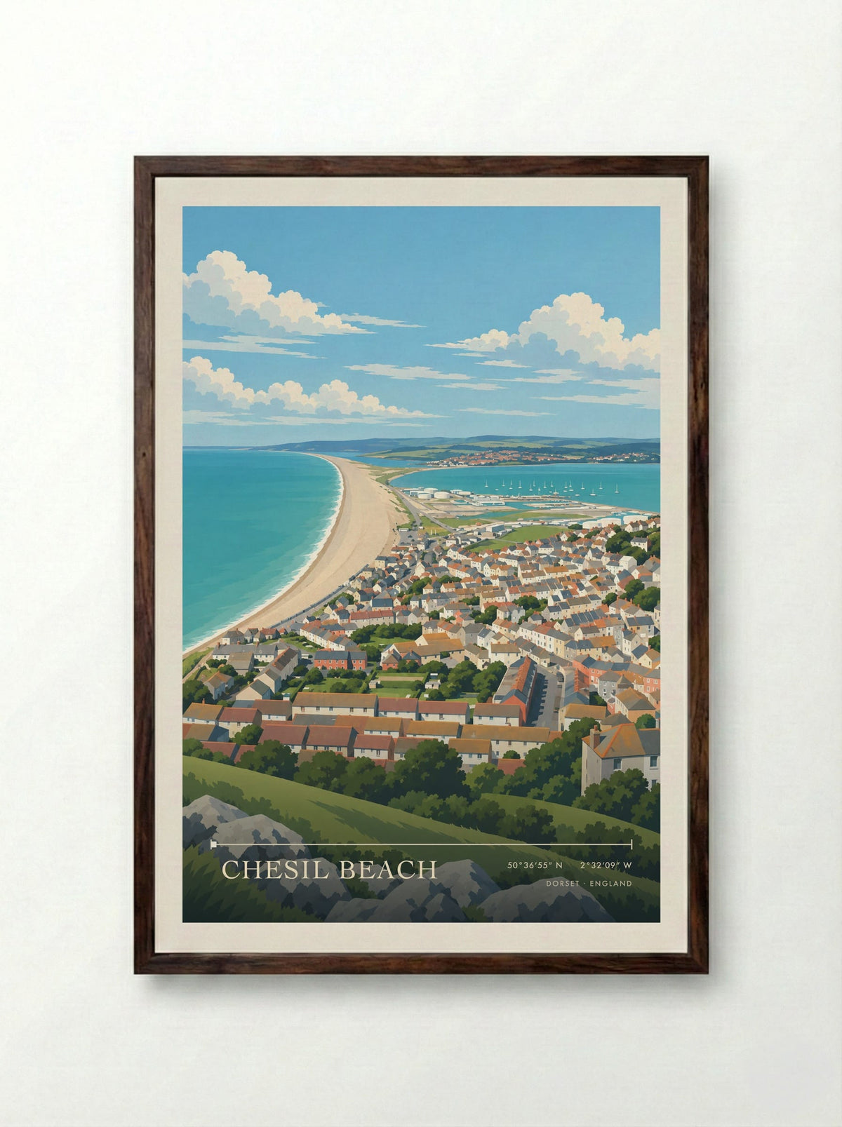 Chesil Beach Dorset | Travel Poster - Framed Print Dark Wood