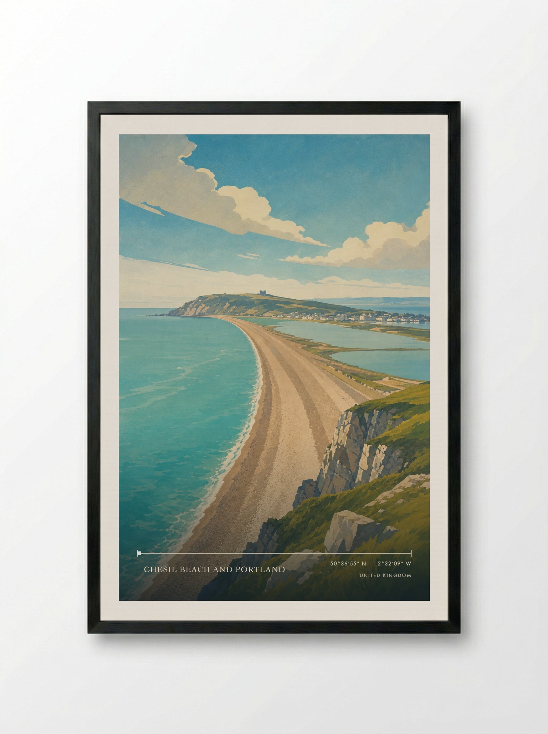 Chesil Beach and Portland United Kingdom Travel Poster - Framed Print Black