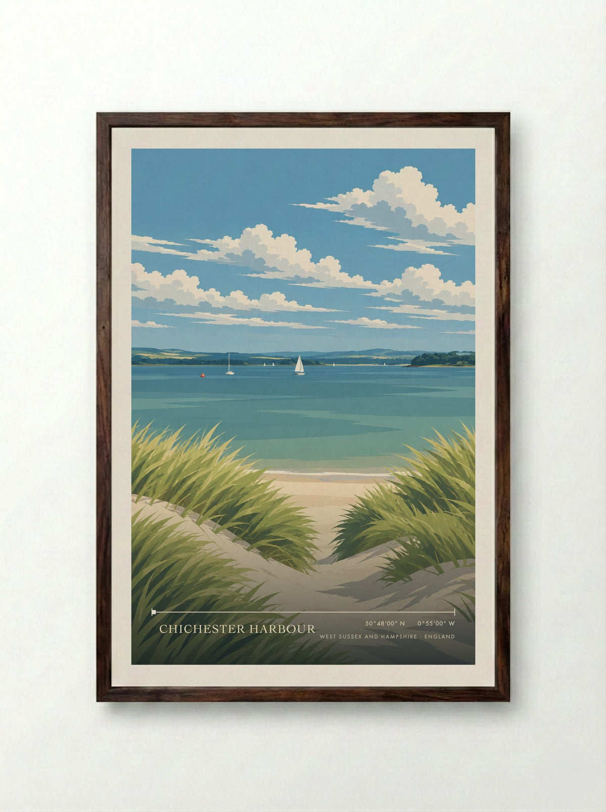 Chichester Harbour, West Sussex and Hampshire | Travel Poster - Framed Print Dark Wood