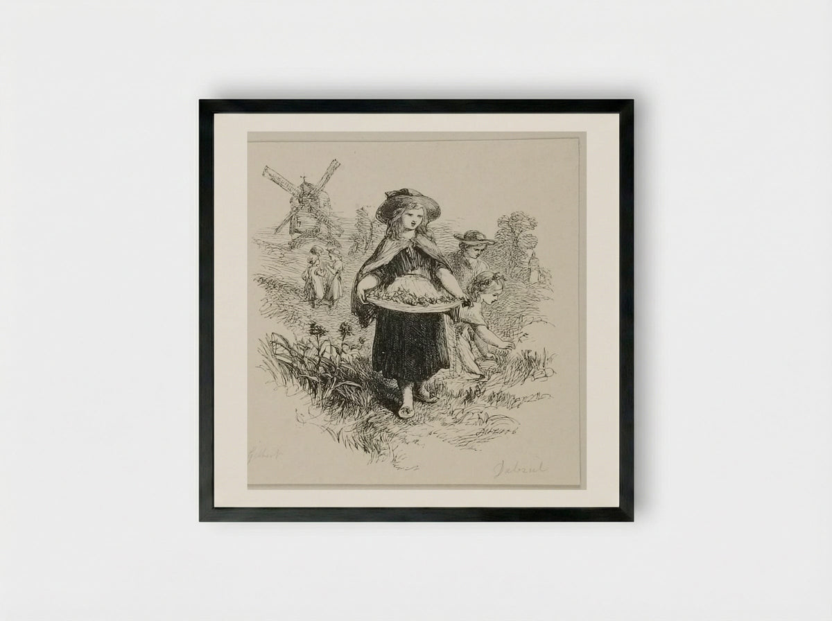 Children Gathering Flowers - Edward Dalziel - Framed Print Black