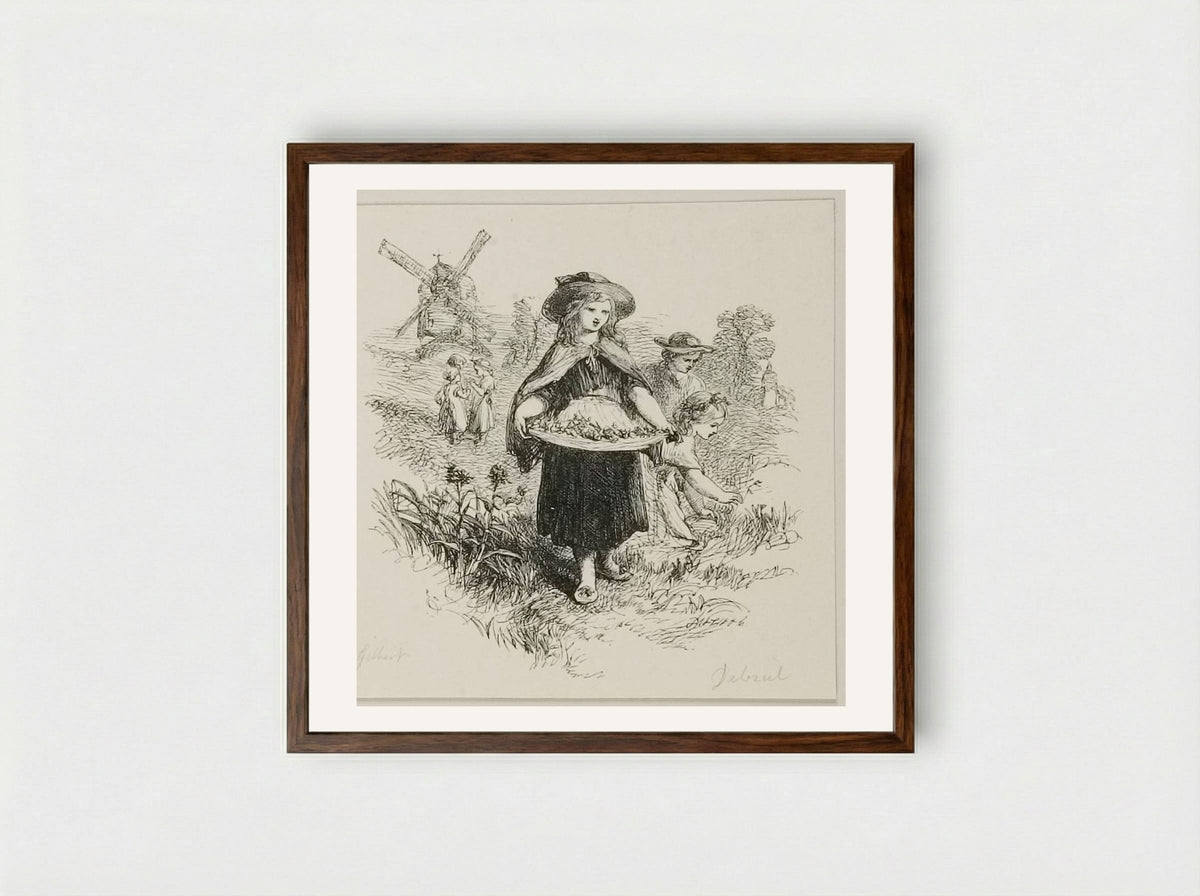 Children Gathering Flowers - Edward Dalziel - Framed Print Dark Wood