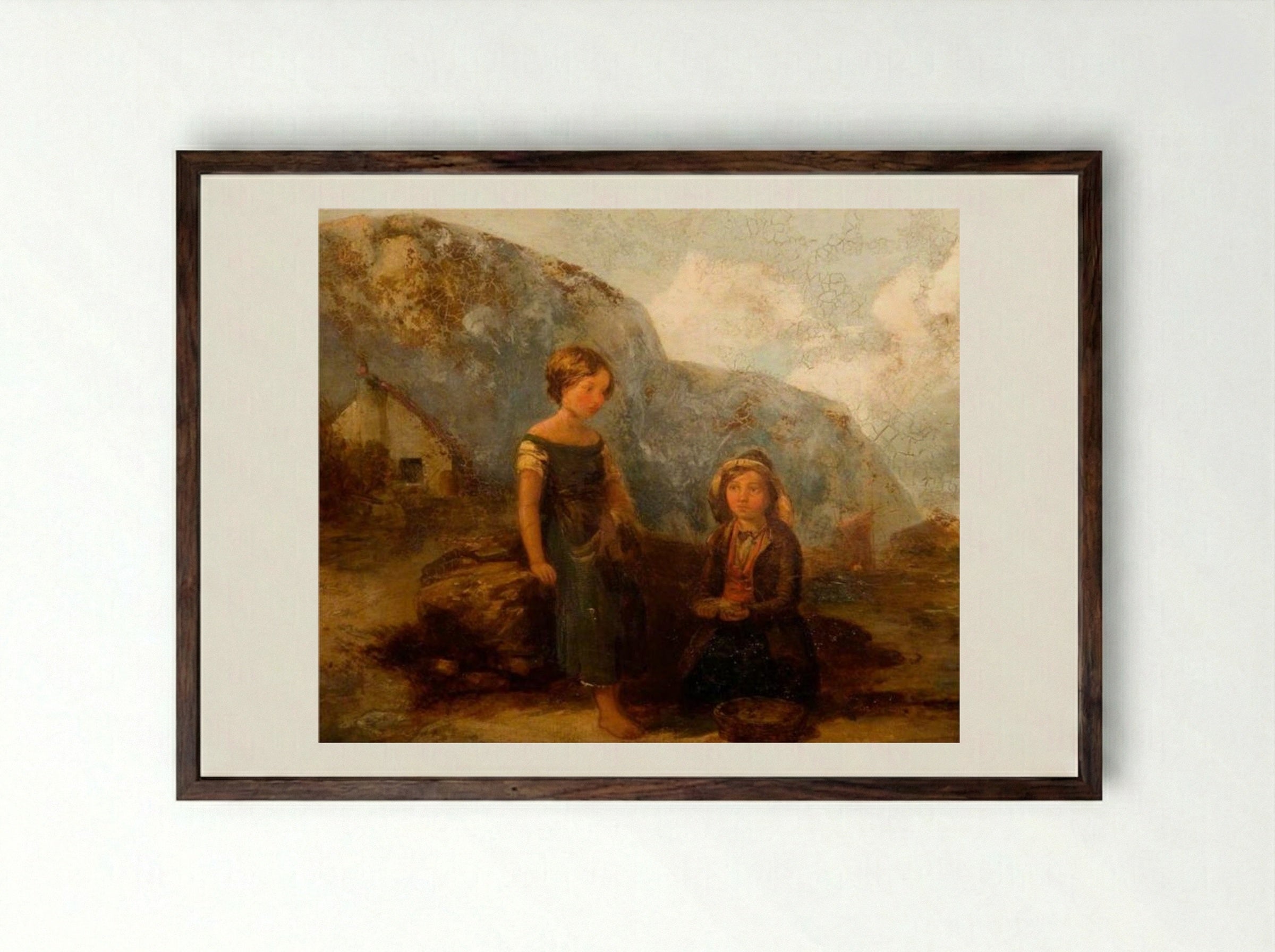 Children Gathering Seaweed - William Collins - Framed Print Dark Wood
