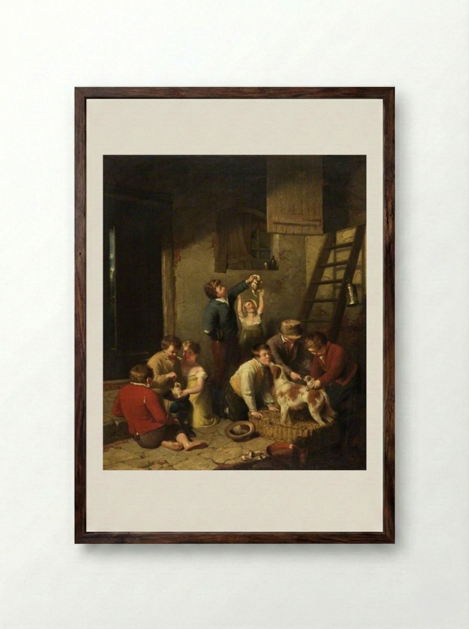 Children Playing with Puppies - William Collins - Framed Print Dark Wood