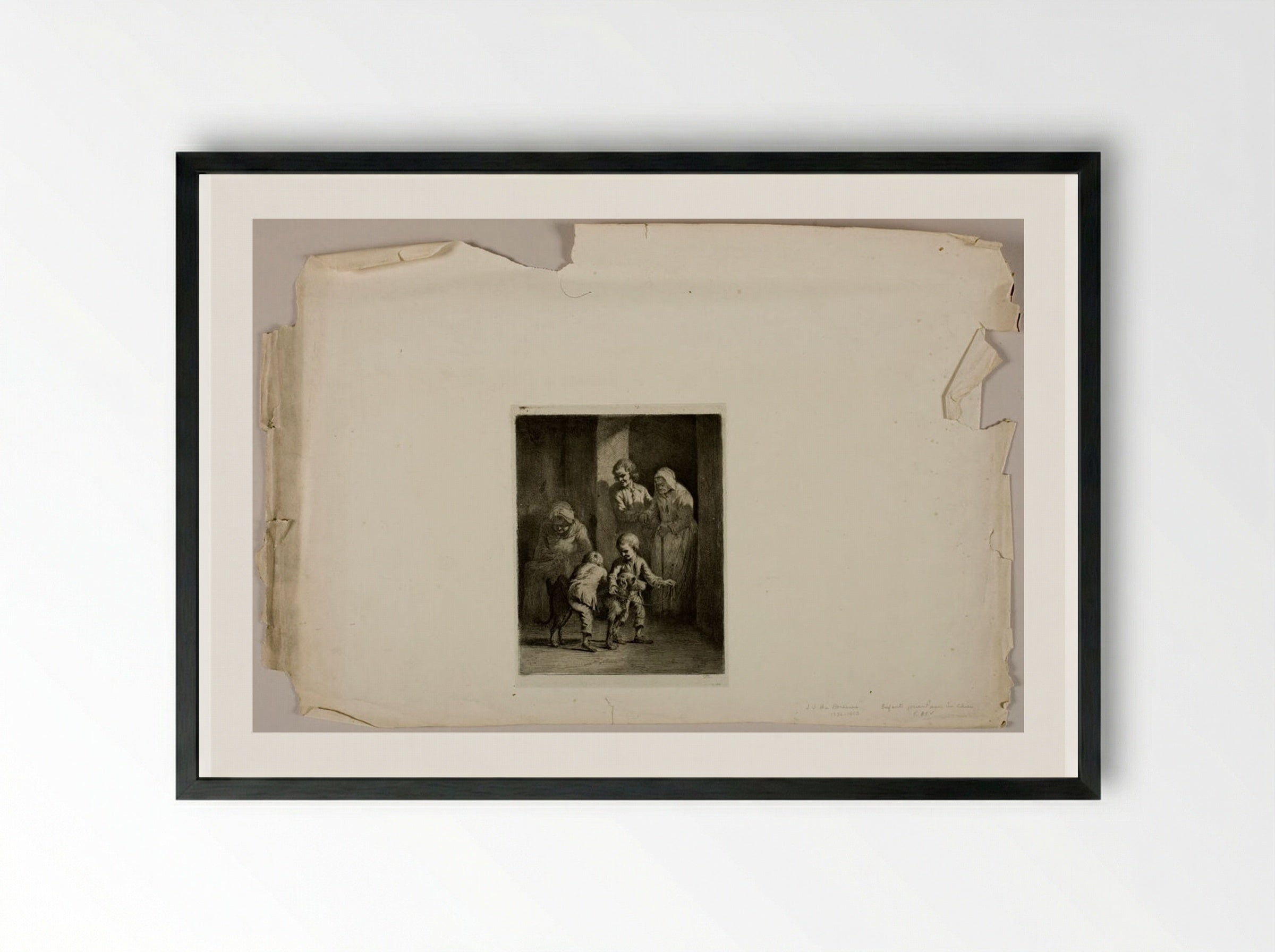 Children Playing with a Dog - Jean-Jacques de Boissieu - Framed Print Black