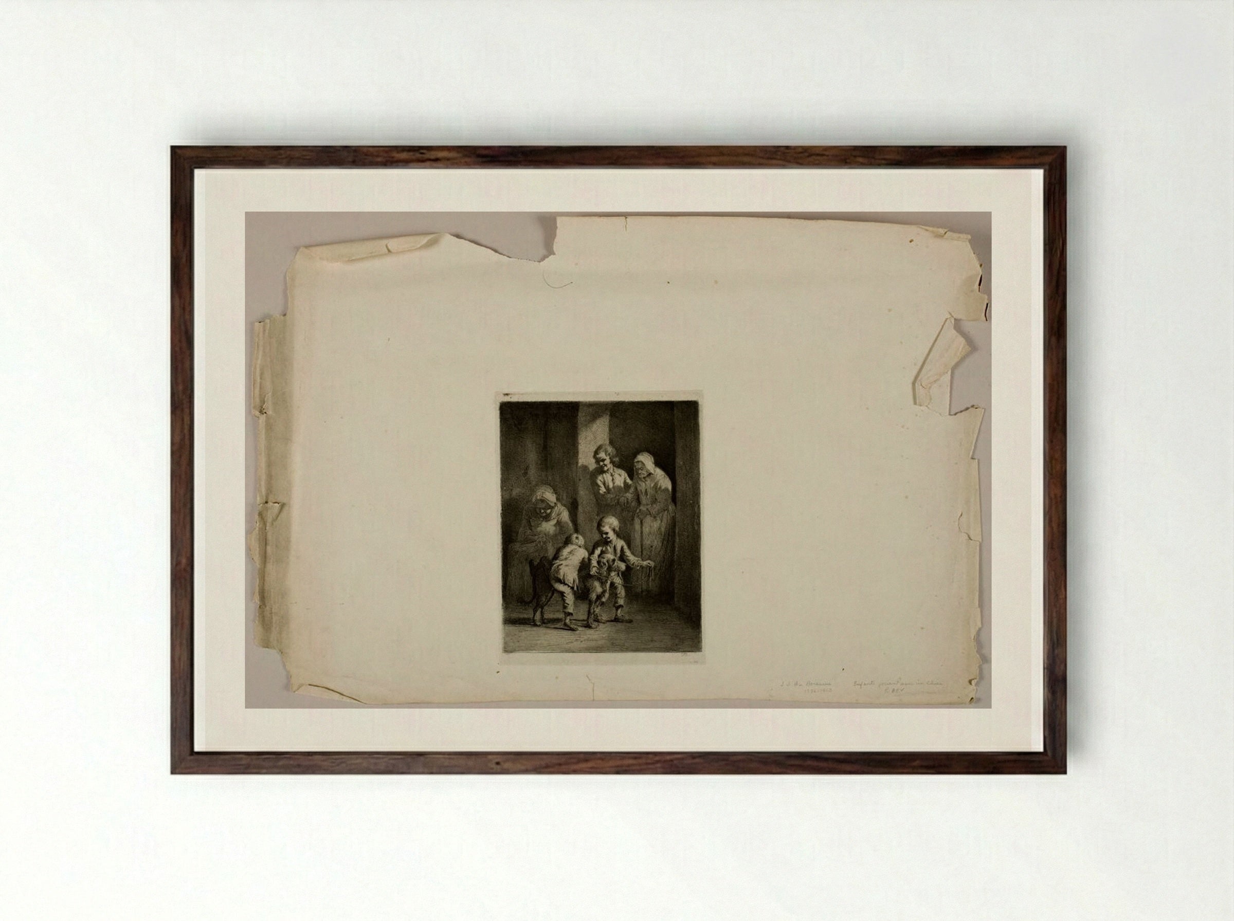 Children Playing with a Dog - Jean-Jacques de Boissieu - Framed Print Dark Wood