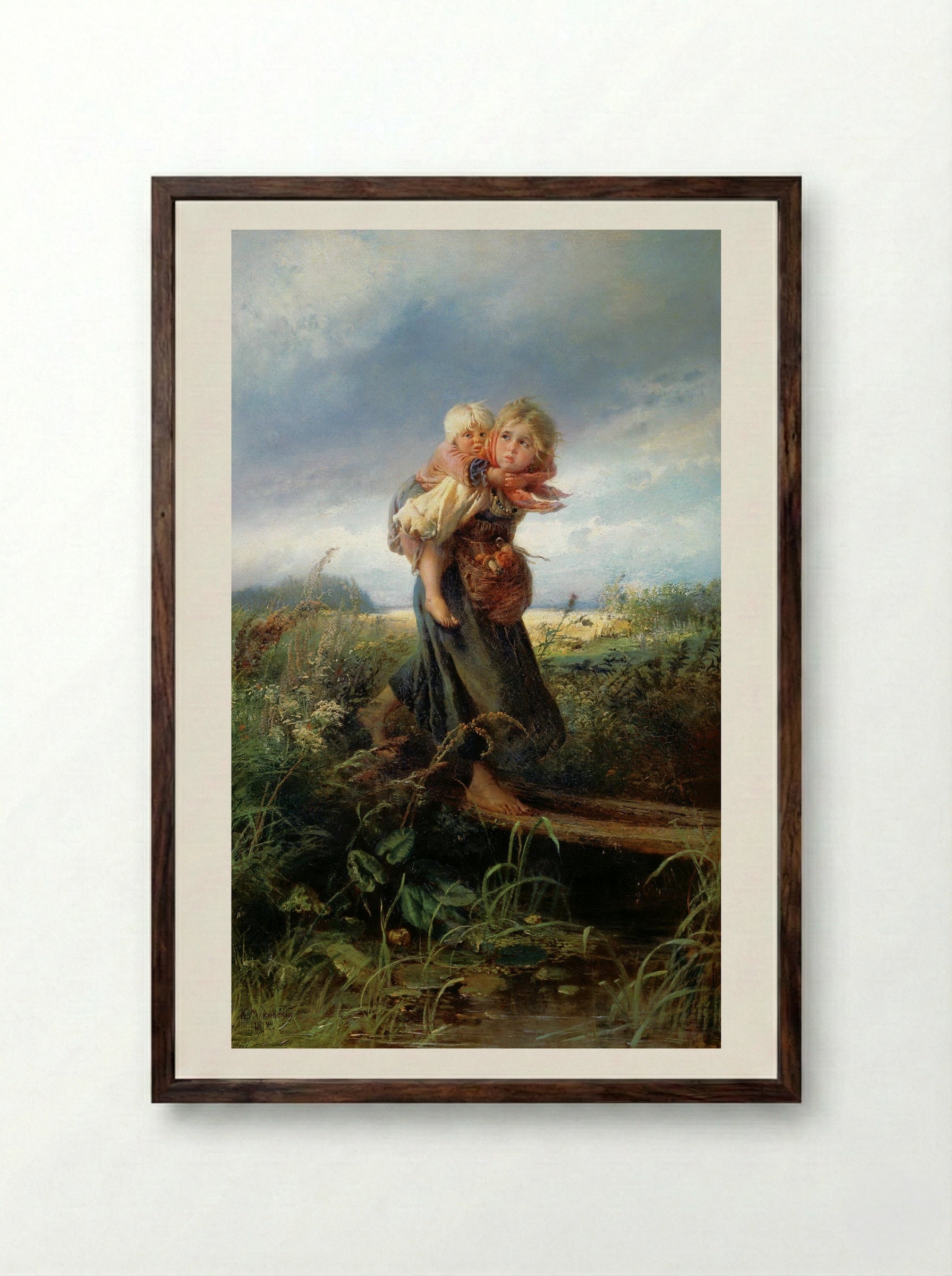 Children Running from the Storm - Konstantin Makovsky - Framed Print Dark Wood