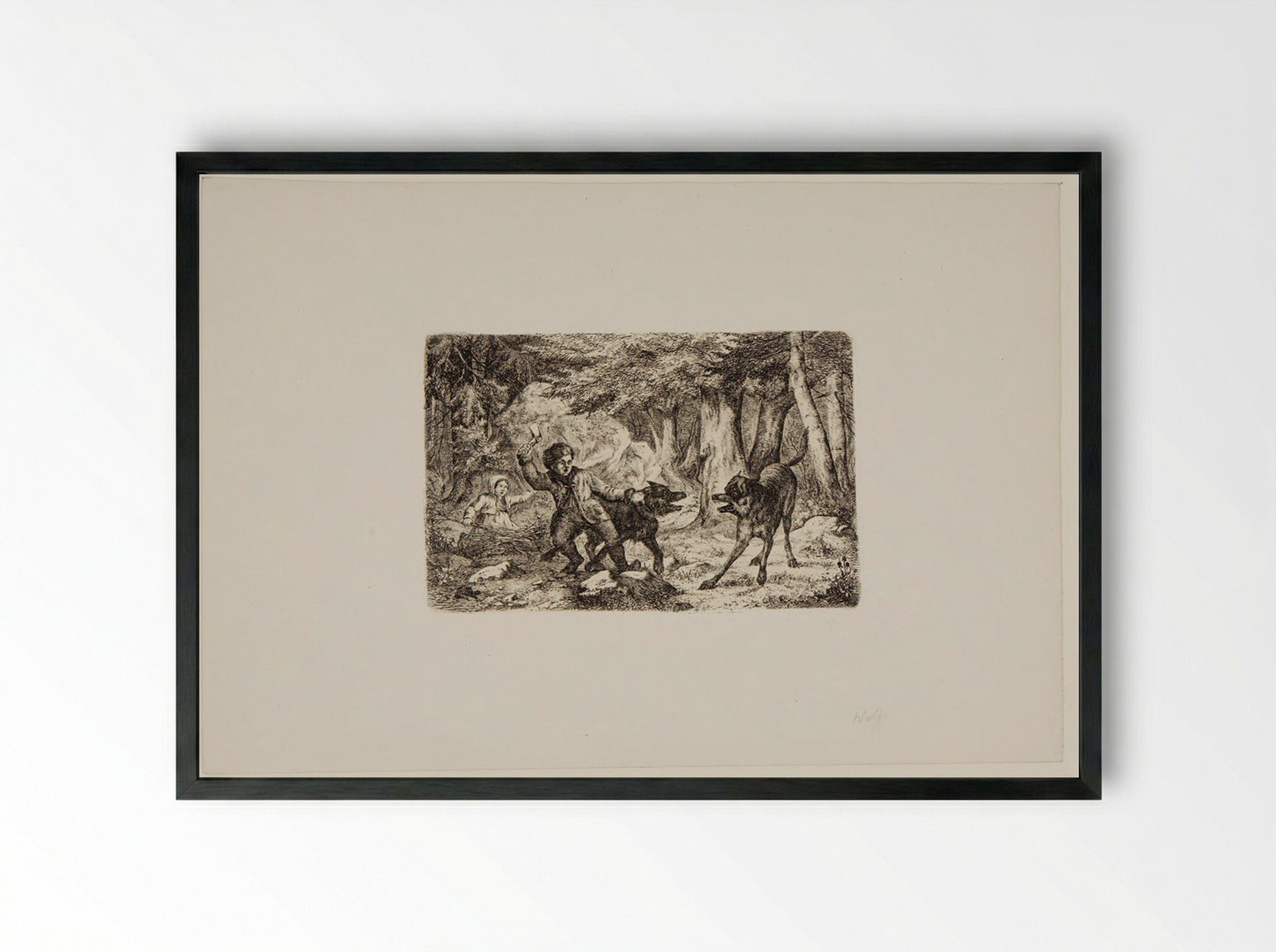 Children and Dog Met by a Wolf - Friedrich Anton Wolff - Framed Print Black
