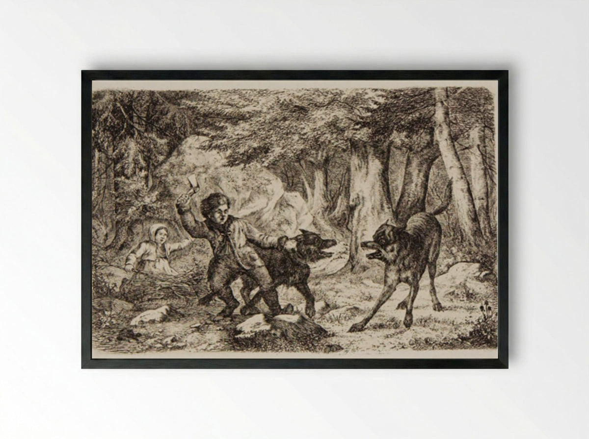 Children and Dog Met by a Wolf - Friedrich Anton Wolff - Framed Print Black