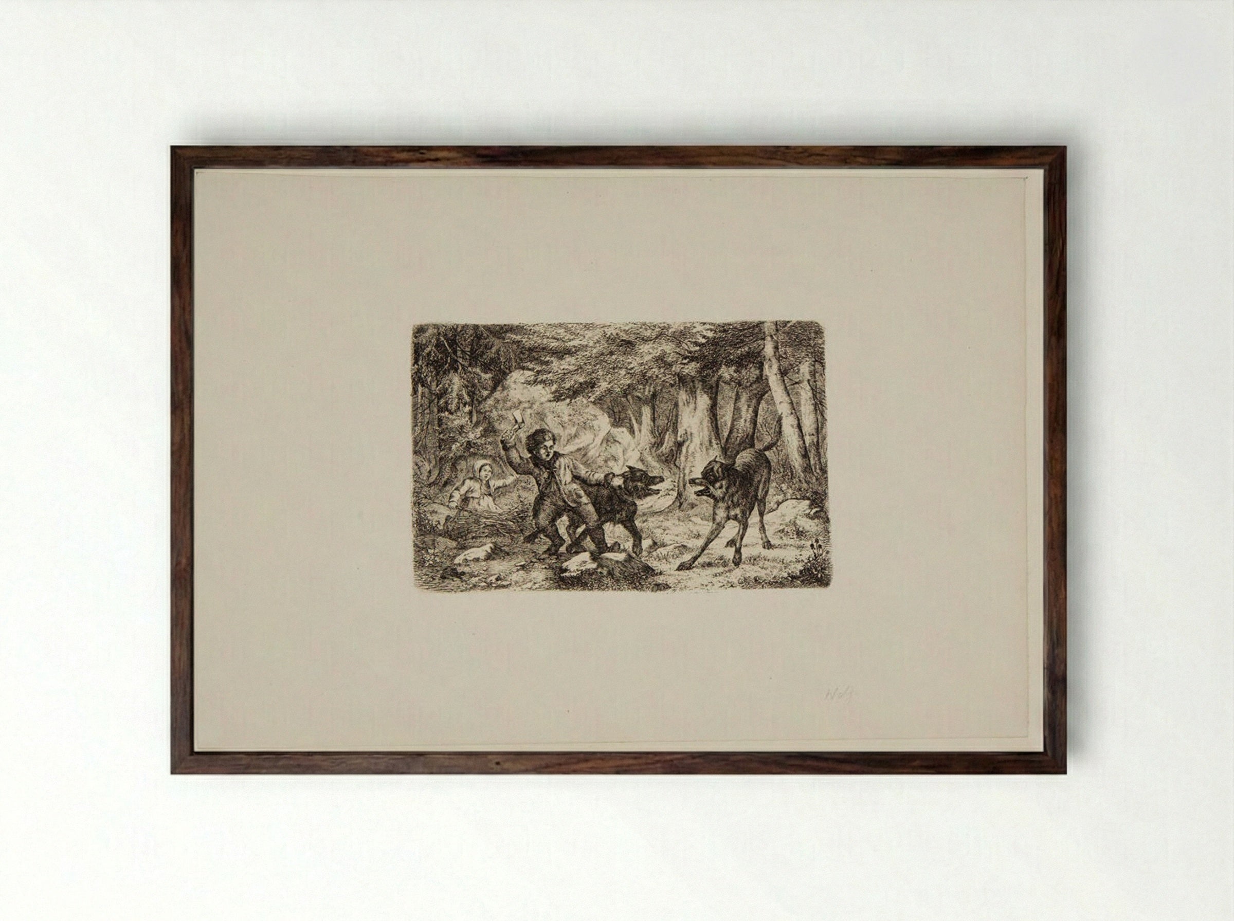 Children and Dog Met by a Wolf - Friedrich Anton Wolff - Framed Print Dark Wood