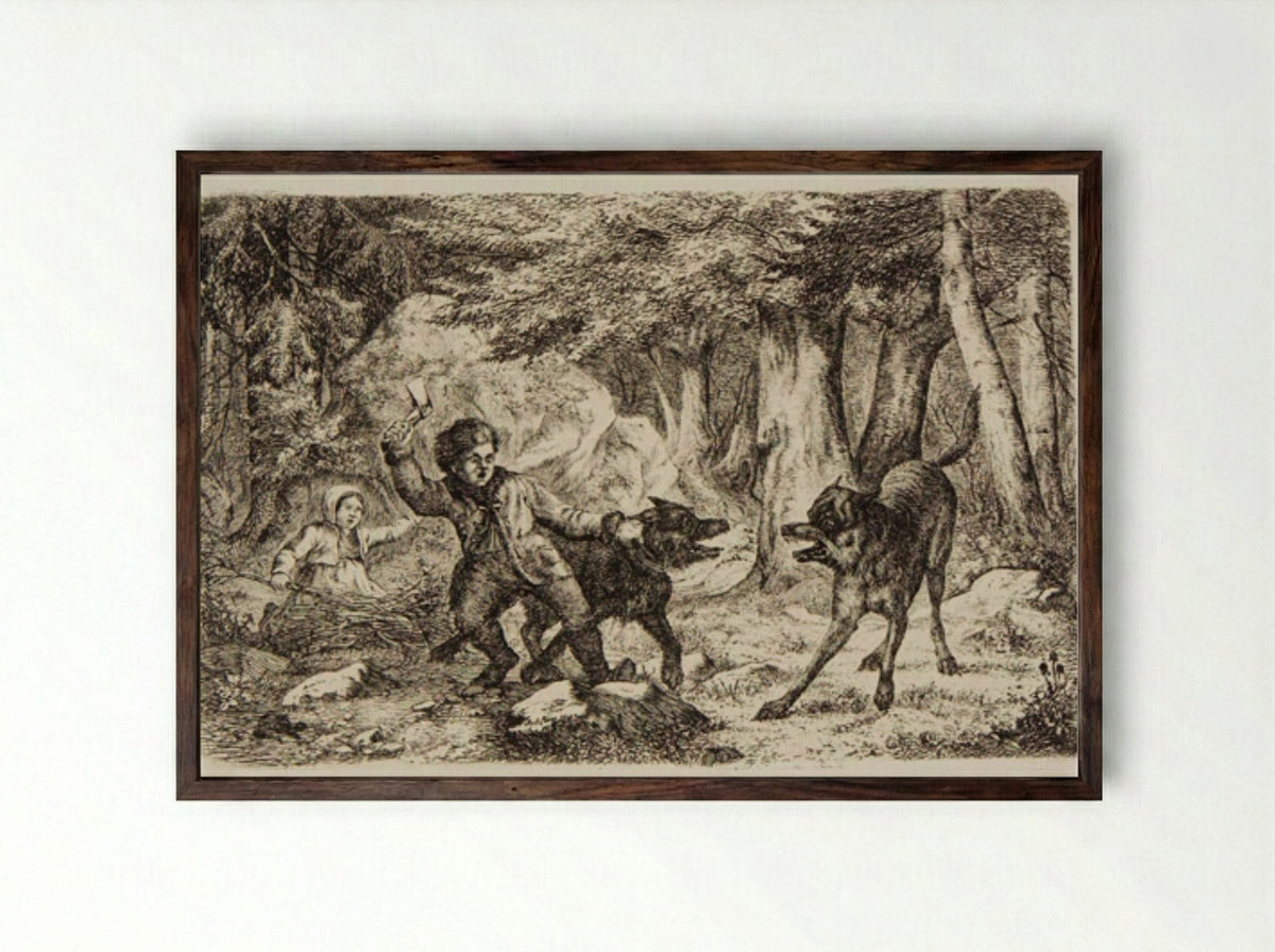 Children and Dog Met by a Wolf - Friedrich Anton Wolff - Framed Print Dark Wood