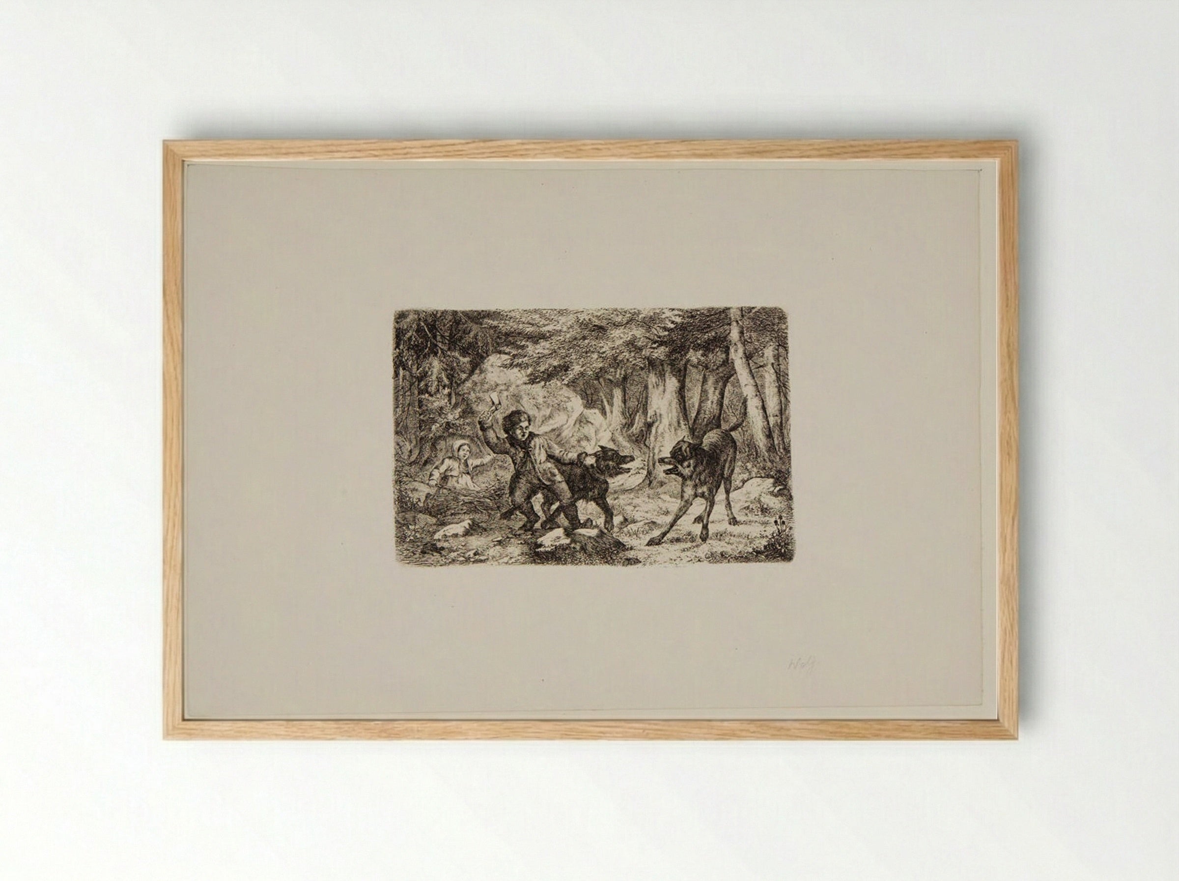 Children and Dog Met by a Wolf - Friedrich Anton Wolff - Framed Print Wood