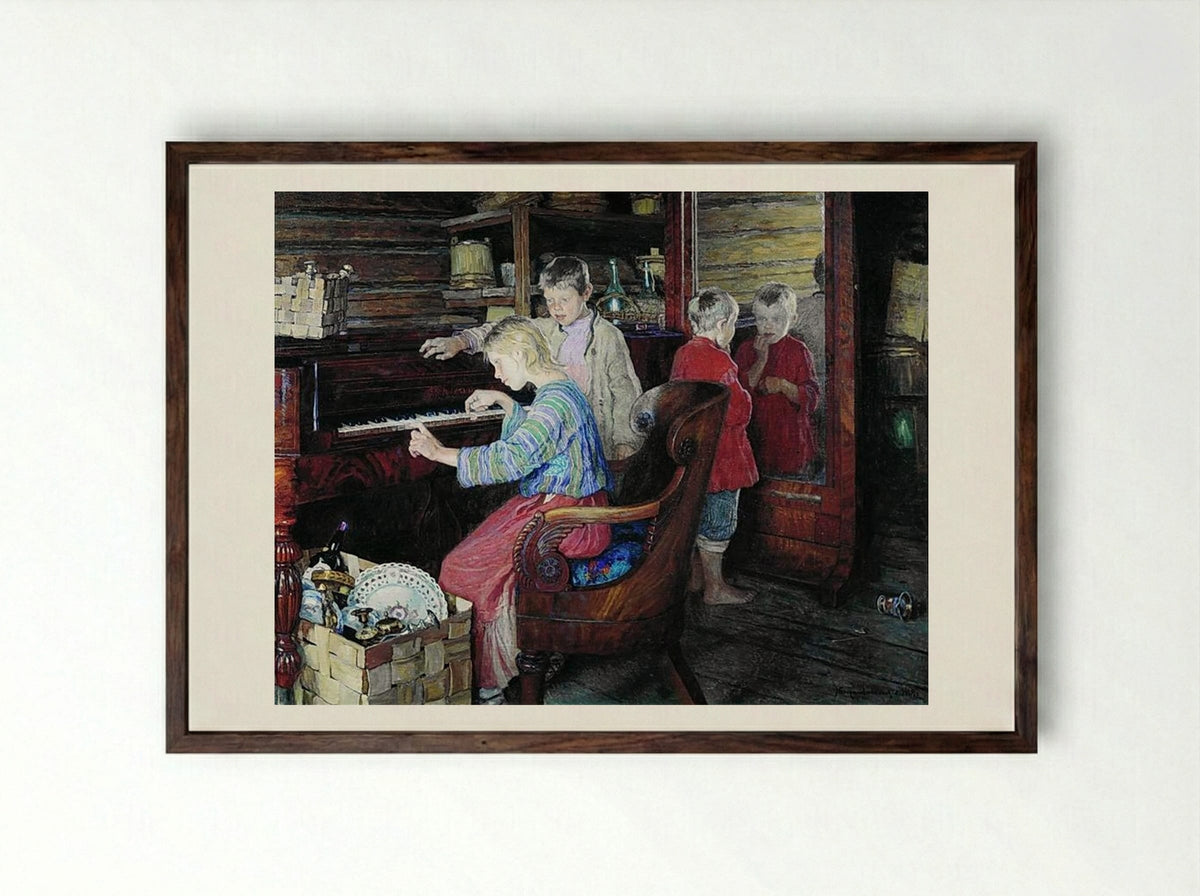 Children at the Piano - Nikolay Bogdanov-Belsky - Framed Print Dark Wood