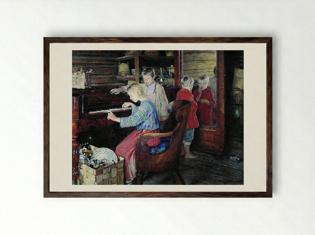 Children at the Piano - Nikolay Bogdanov-Belsky - Framed Print Dark Wood