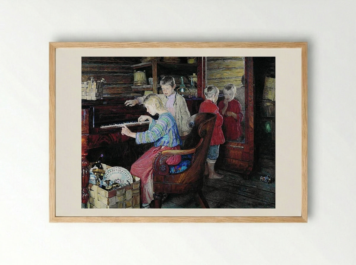 Children at the Piano - Nikolay Bogdanov-Belsky - Framed Print Wood