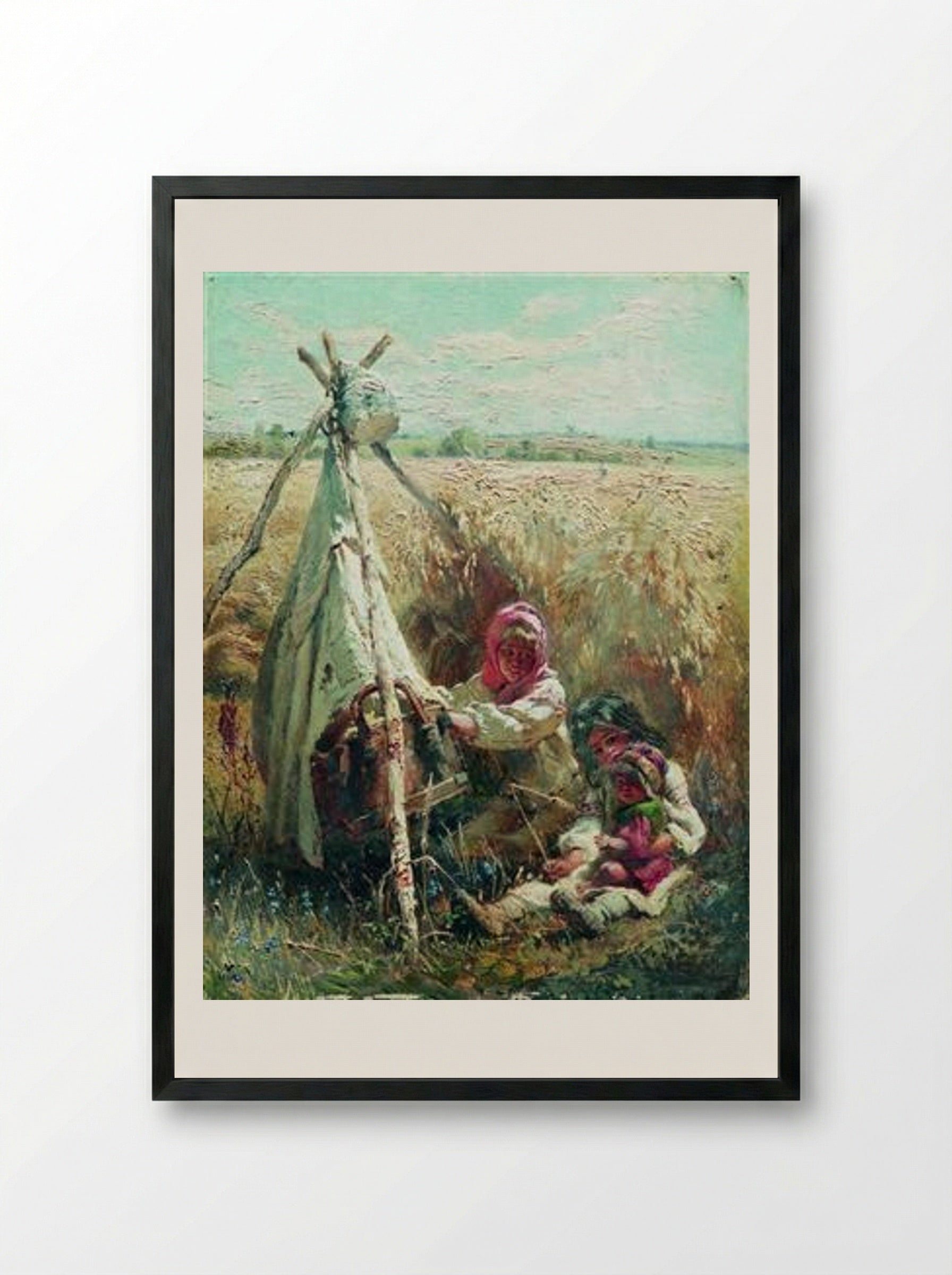Children in a Field - Konstantin Makovsky - Framed Print Black