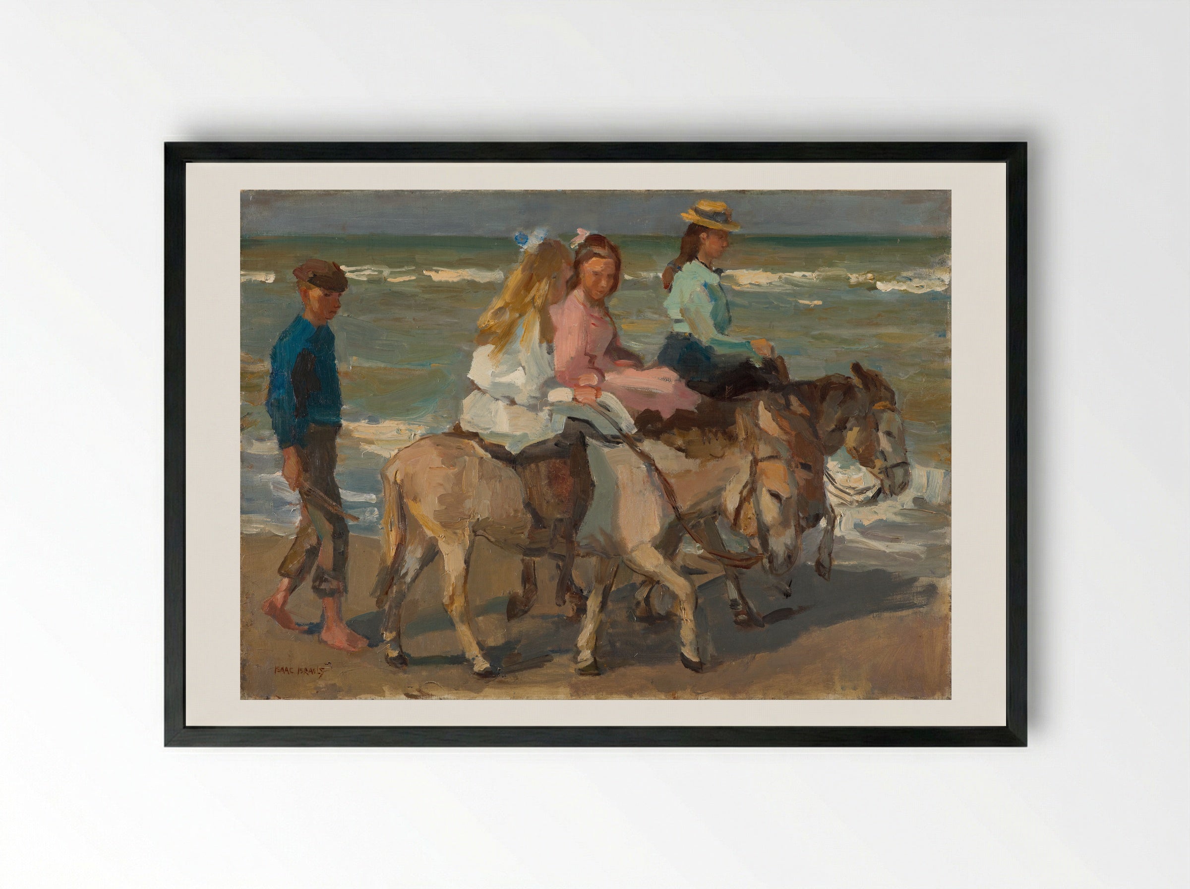 Children on Donkeys at the Beach - Isaac Israels - Framed Print Black