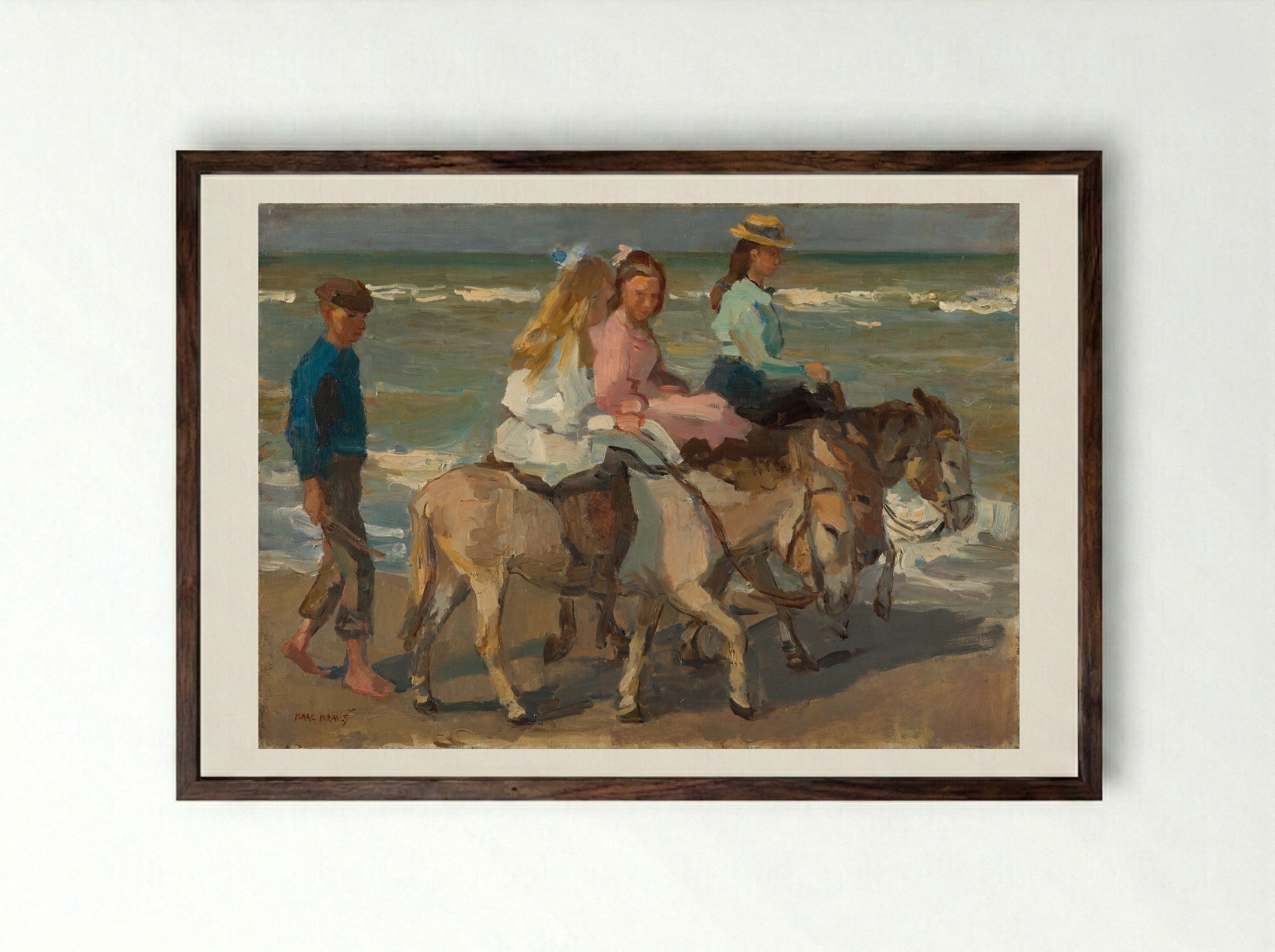 Children on Donkeys at the Beach - Isaac Israels - Framed Print Dark Wood