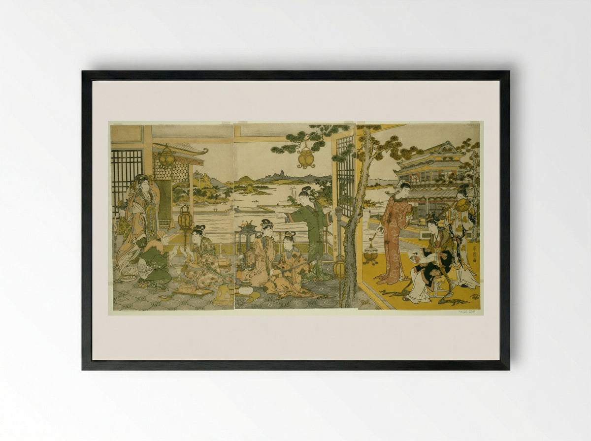 Chinese Beauties at a Banquet - Kitagawa Utamaro - Framed Print Black