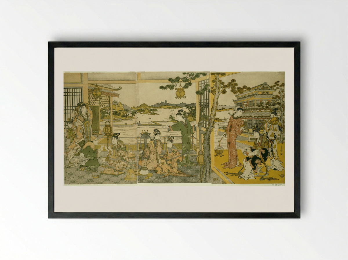 Chinese Beauties at a Banquet - Kitagawa Utamaro - Framed Print Black
