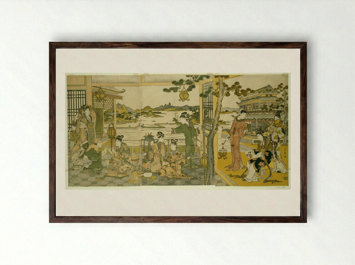 Chinese Beauties at a Banquet - Kitagawa Utamaro - Framed Print Dark Wood